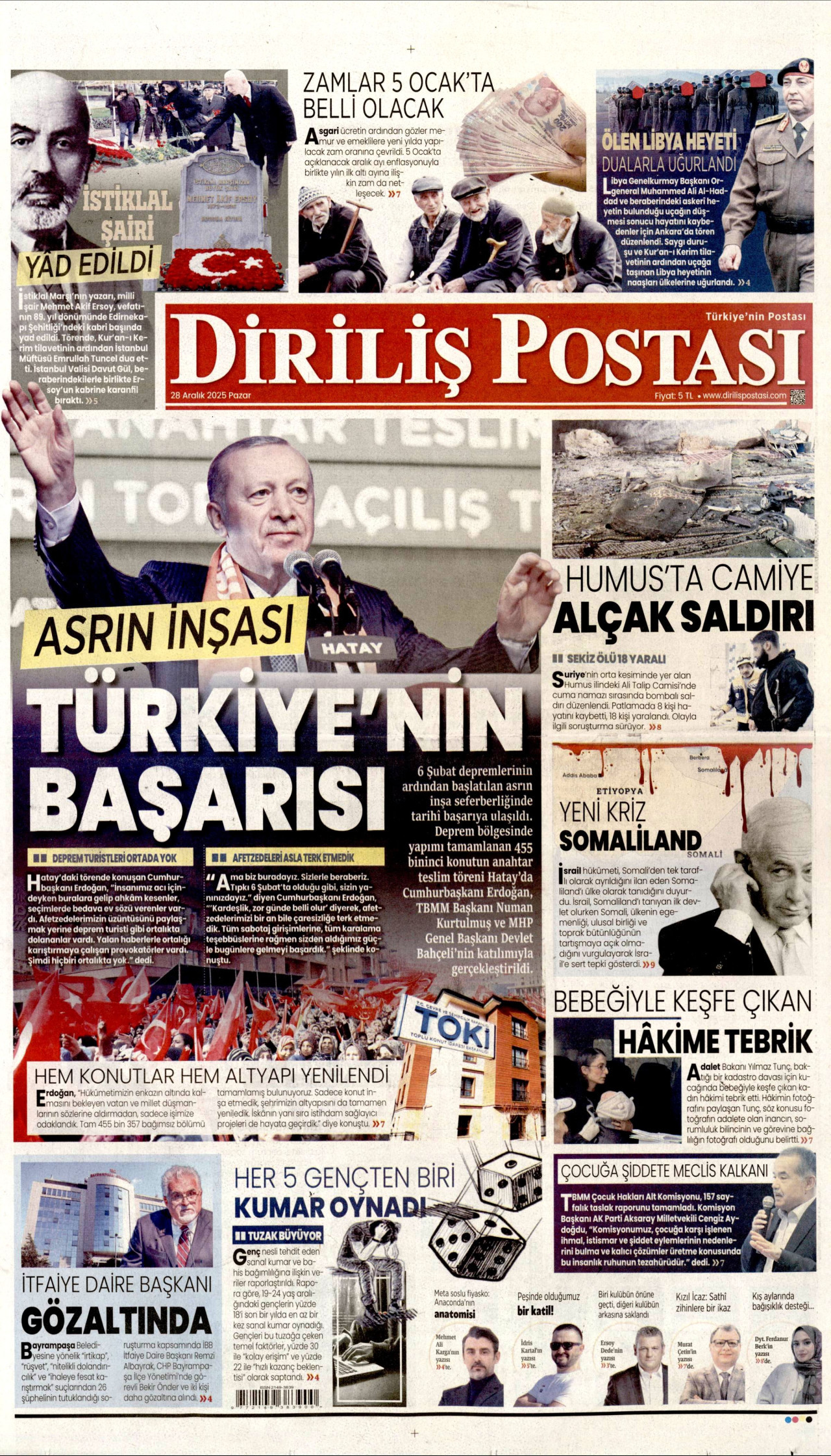 DİRİLİŞ POSTASI gazetesinin 28 Aralık 2025 tarihli birinci sayfası