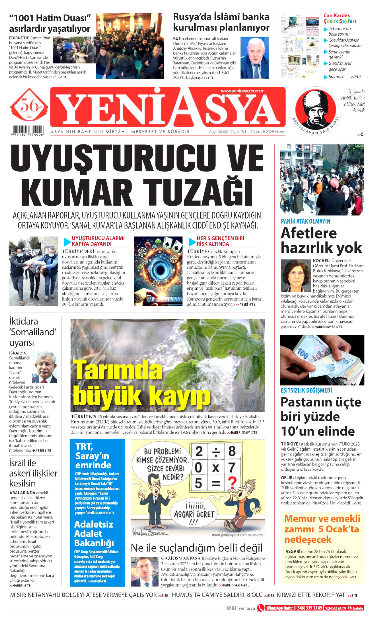 YENİ ASYA gazetesinin 28 Aralık 2025 tarihli birinci sayfası