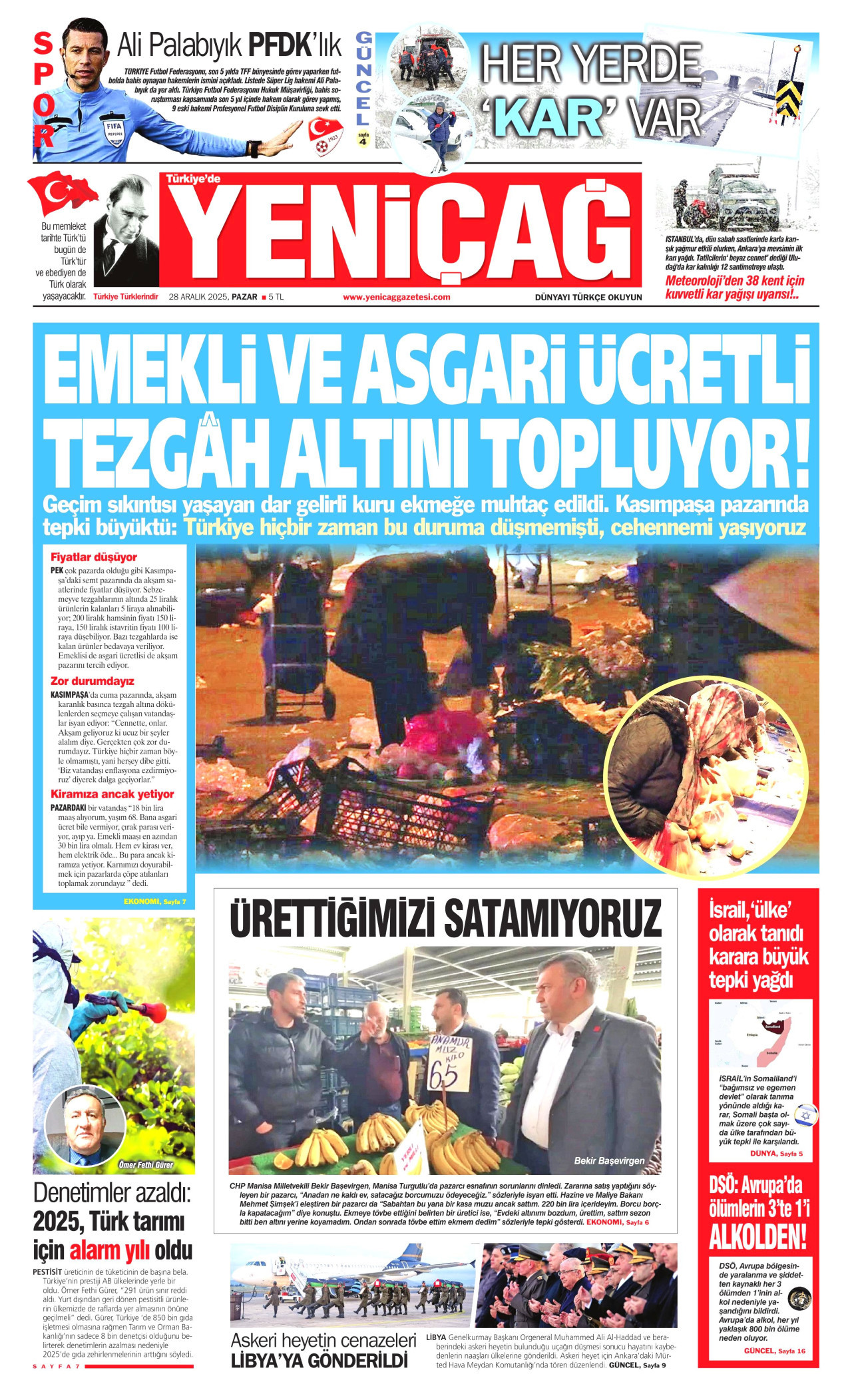 YENİÇAĞ gazetesinin 28 Aralık 2025 tarihli birinci sayfası