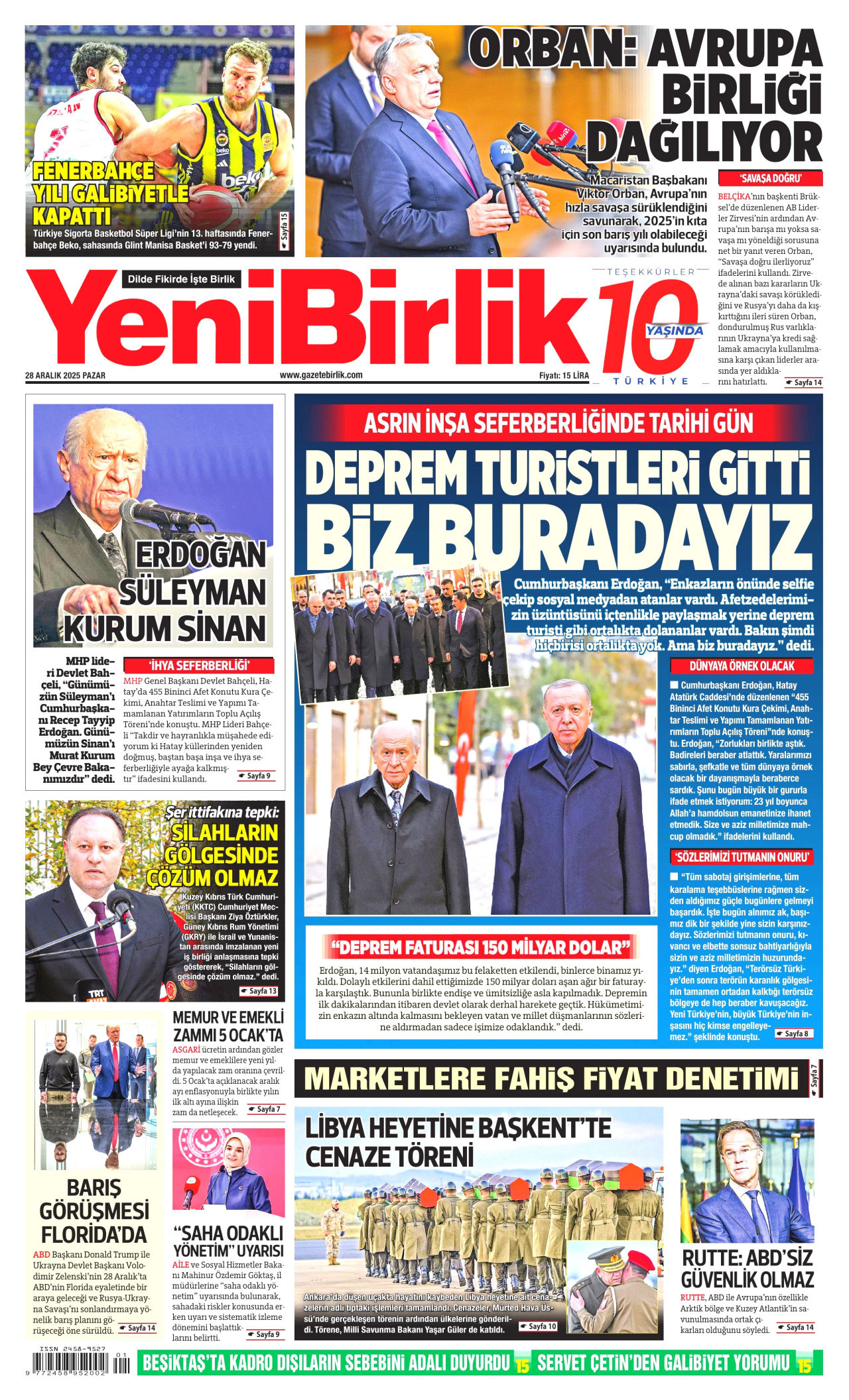 YENİBİRLİK gazetesinin 28 Aralık 2025 tarihli birinci sayfası