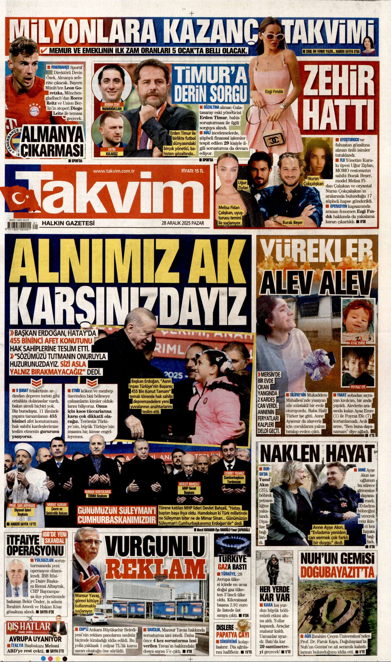 TAKVİM gazetesinin 28 Aralık 2025 tarihli birinci sayfası