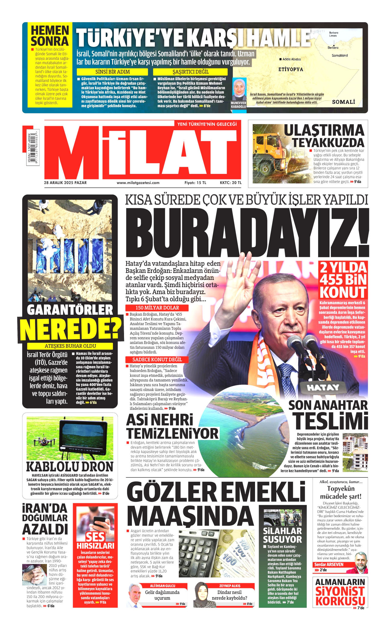 MİLAT gazetesinin 28 Aralık 2025 tarihli birinci sayfası