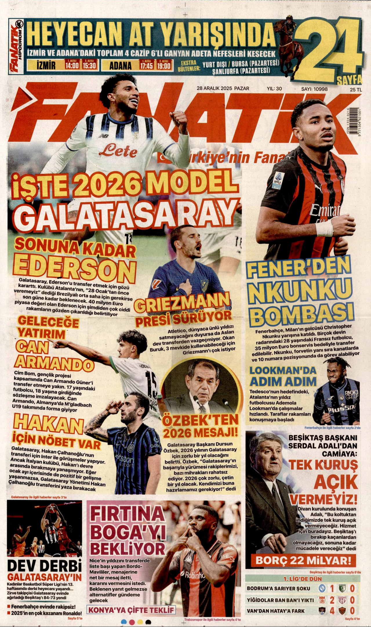 FANATİK gazetesinin 28 Aralık 2025 tarihli birinci sayfası