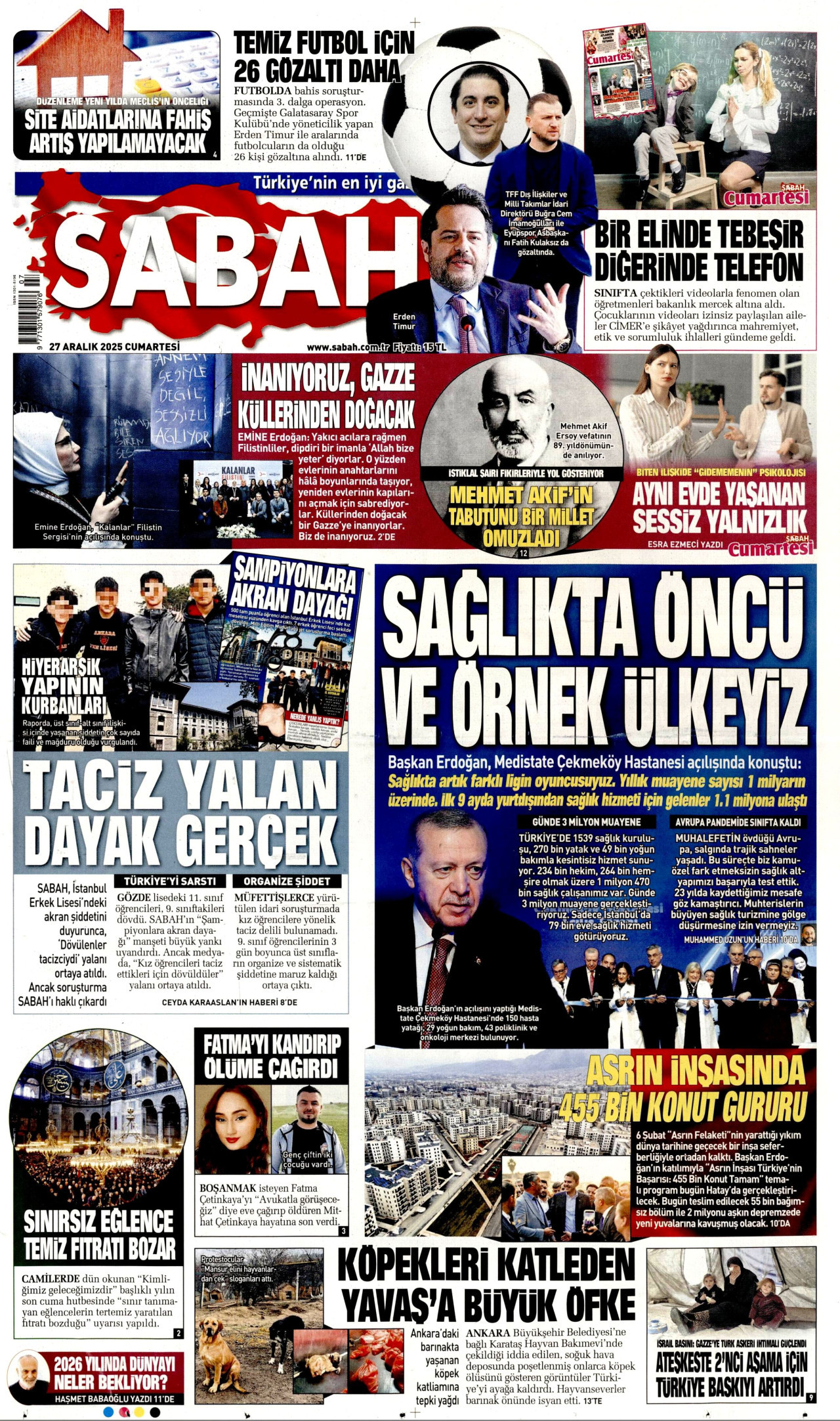 SABAH gazetesinin 27 Aralık 2025 tarihli birinci sayfası