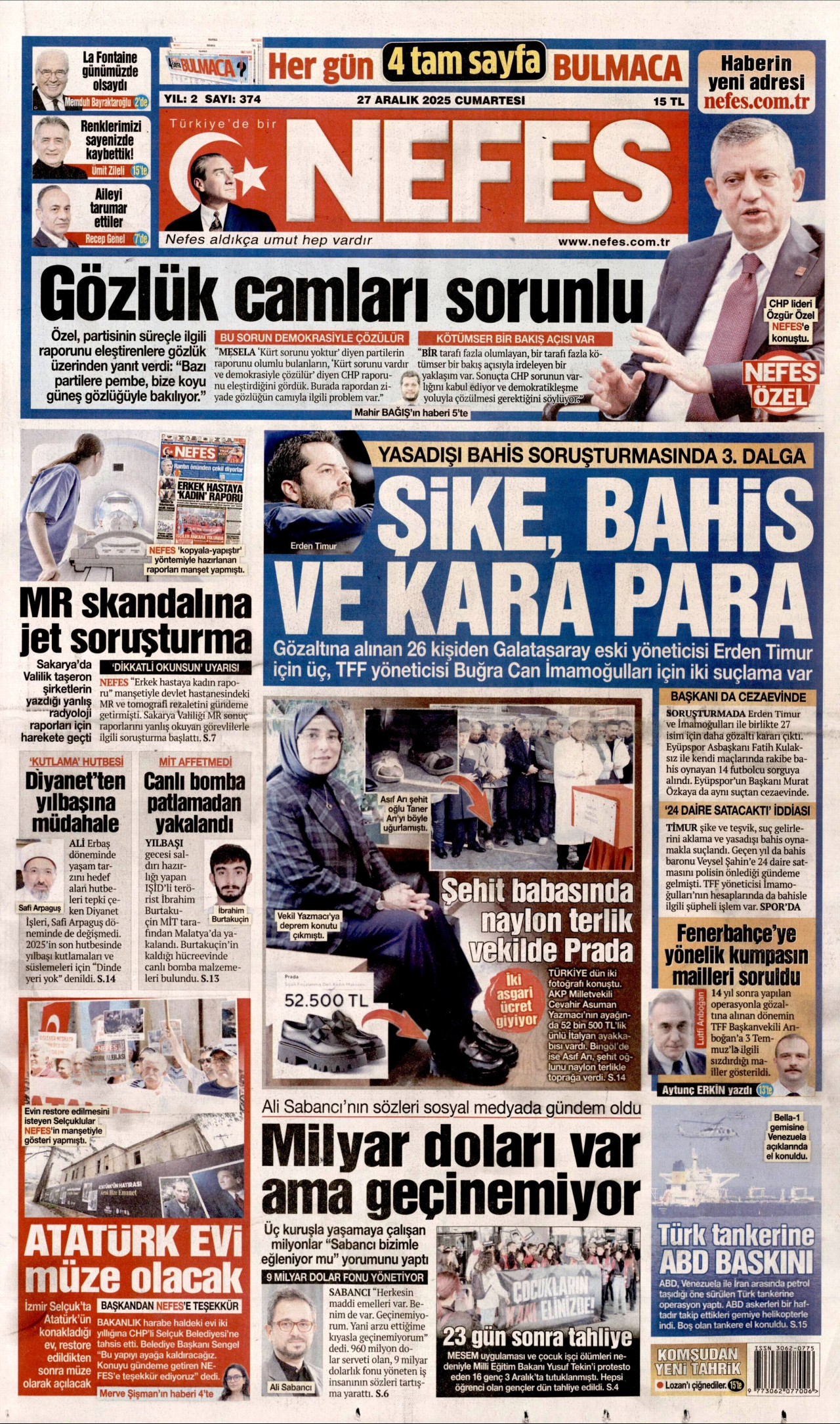 NEFES gazetesinin 27 Aralık 2025 tarihli birinci sayfası