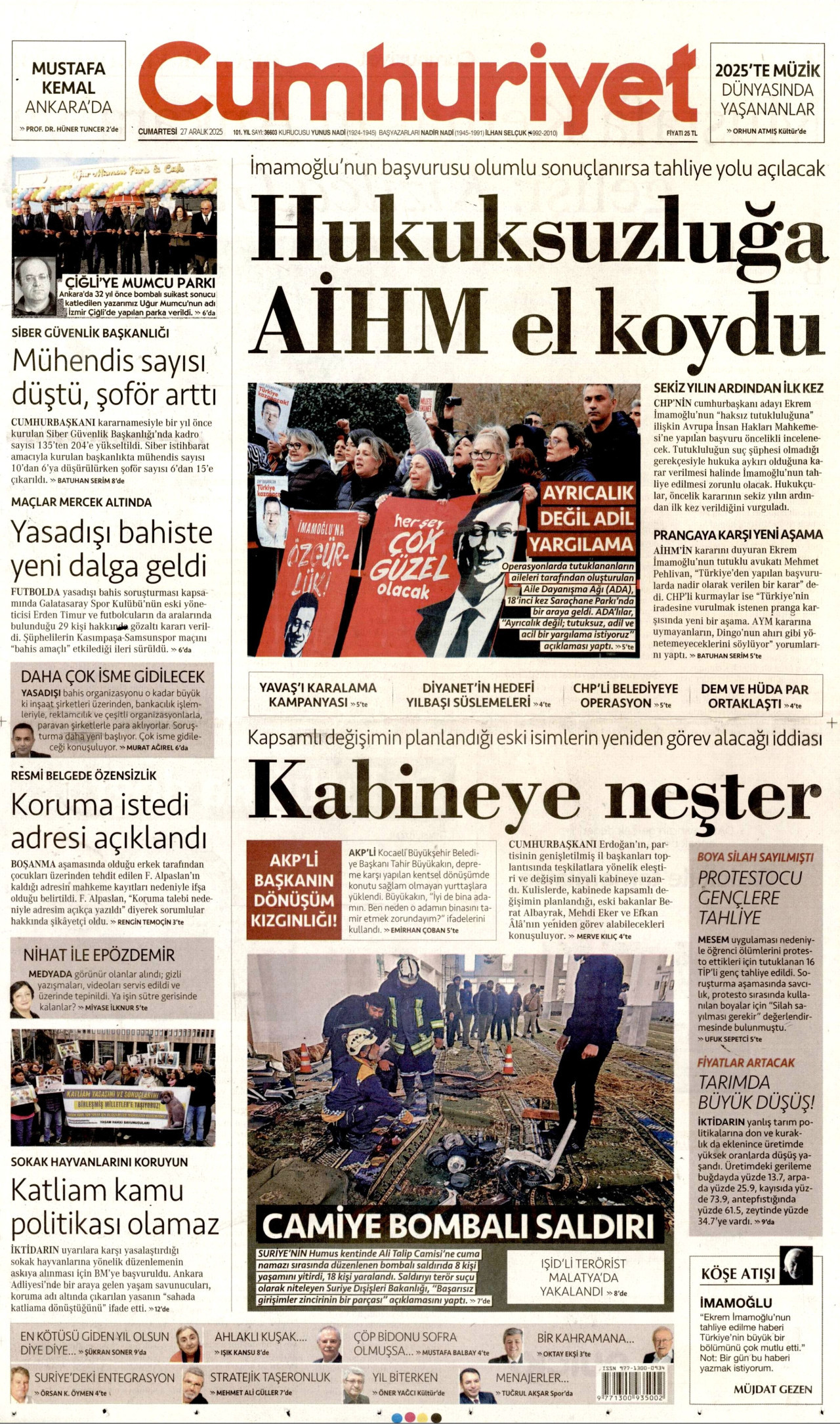 CUMHURİYET gazetesinin 27 Aralık 2025 tarihli birinci sayfası