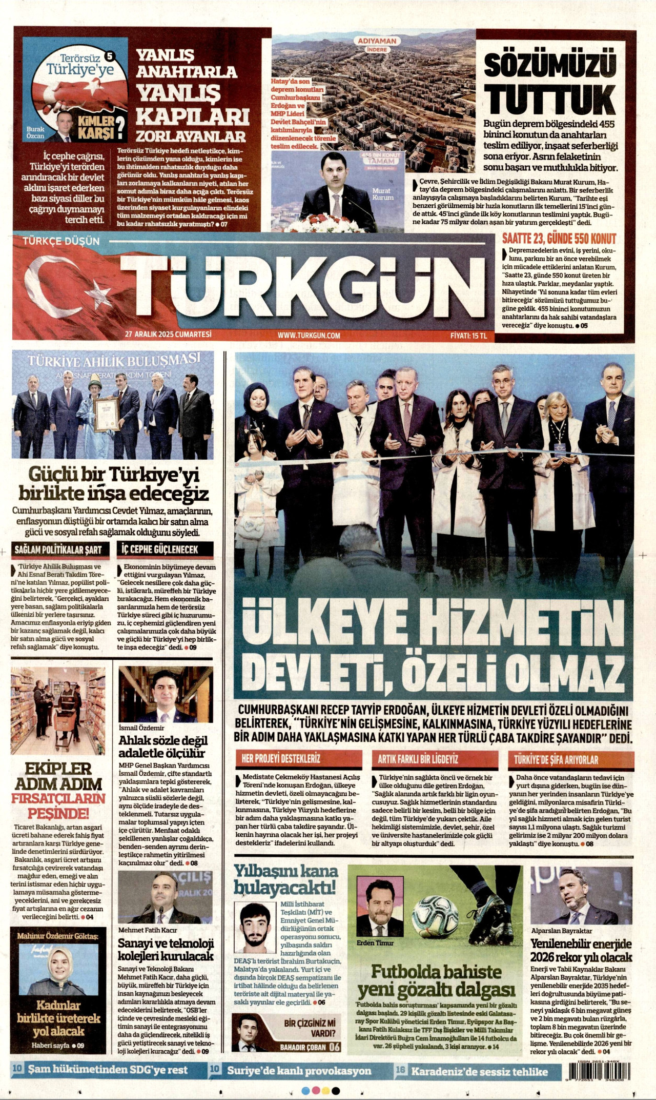 TÜRKGÜN gazetesinin 27 Aralık 2025 tarihli birinci sayfası