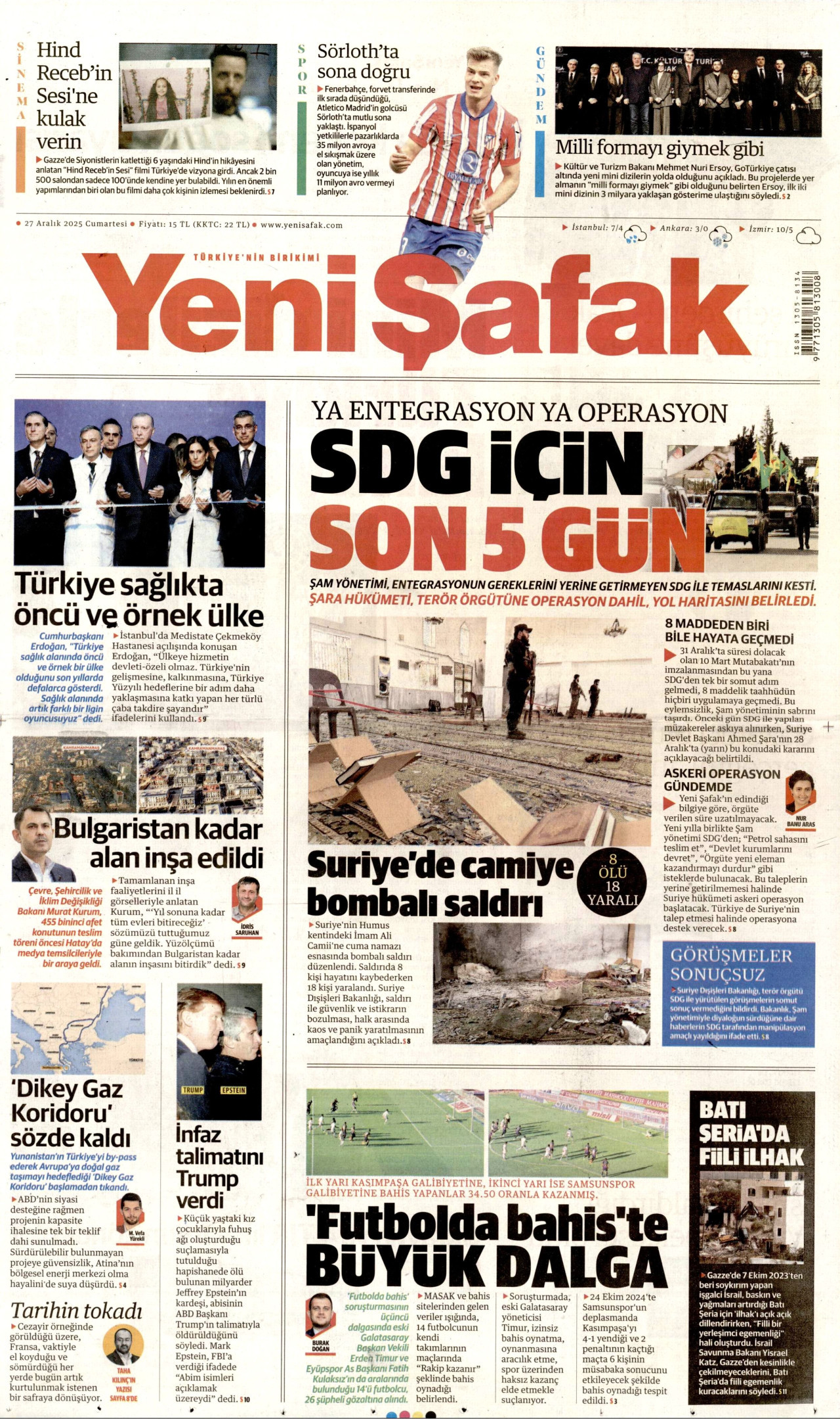 YENİ ŞAFAK gazetesinin 27 Aralık 2025 tarihli birinci sayfası