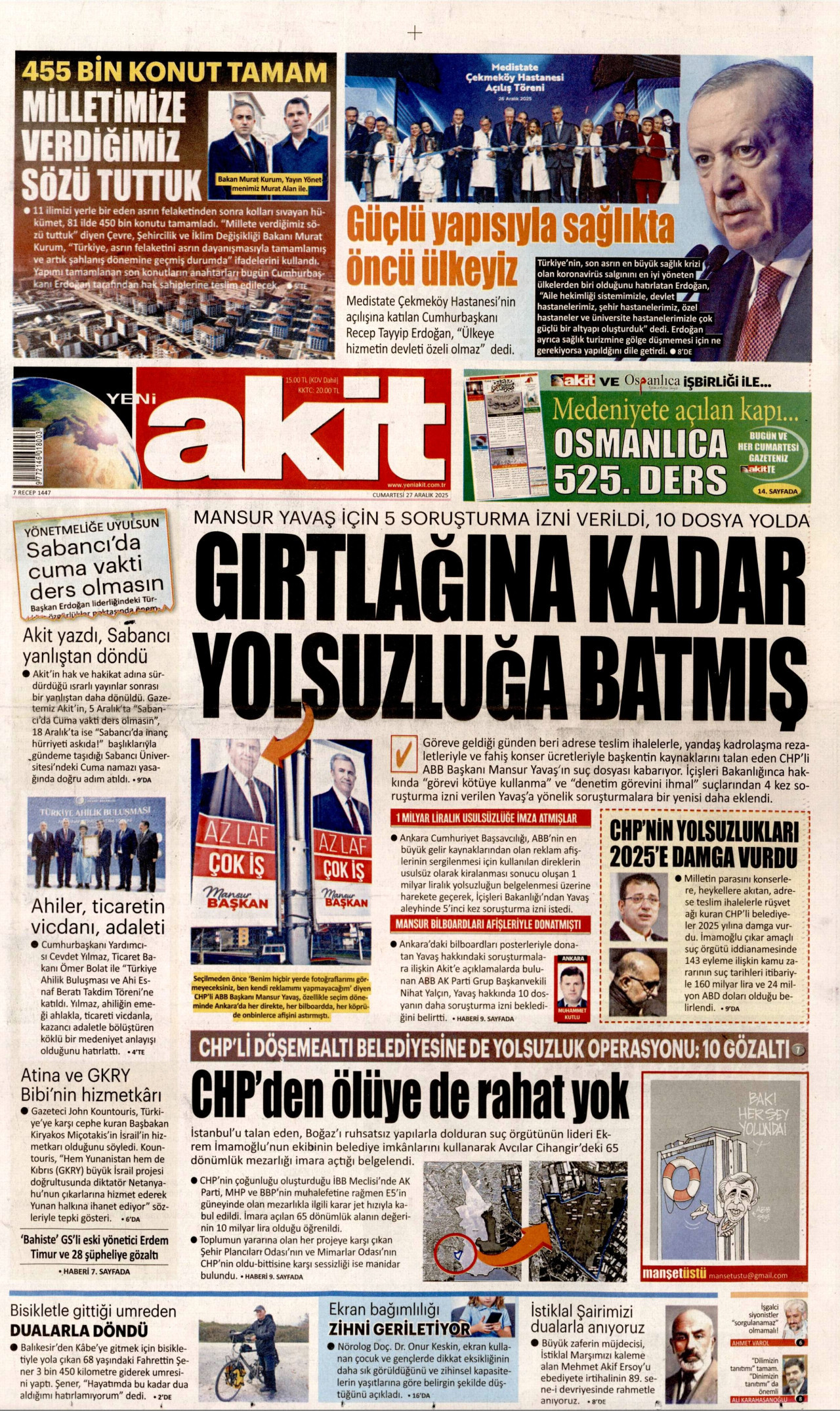 YENİ AKİT gazetesinin 27 Aralık 2025 tarihli birinci sayfası