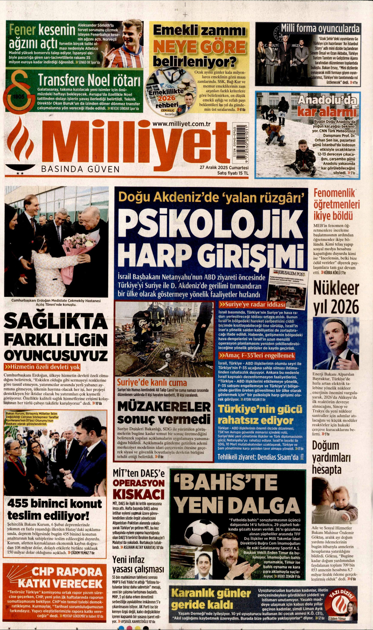 MİLLİYET gazetesinin 27 Aralık 2025 tarihli birinci sayfası