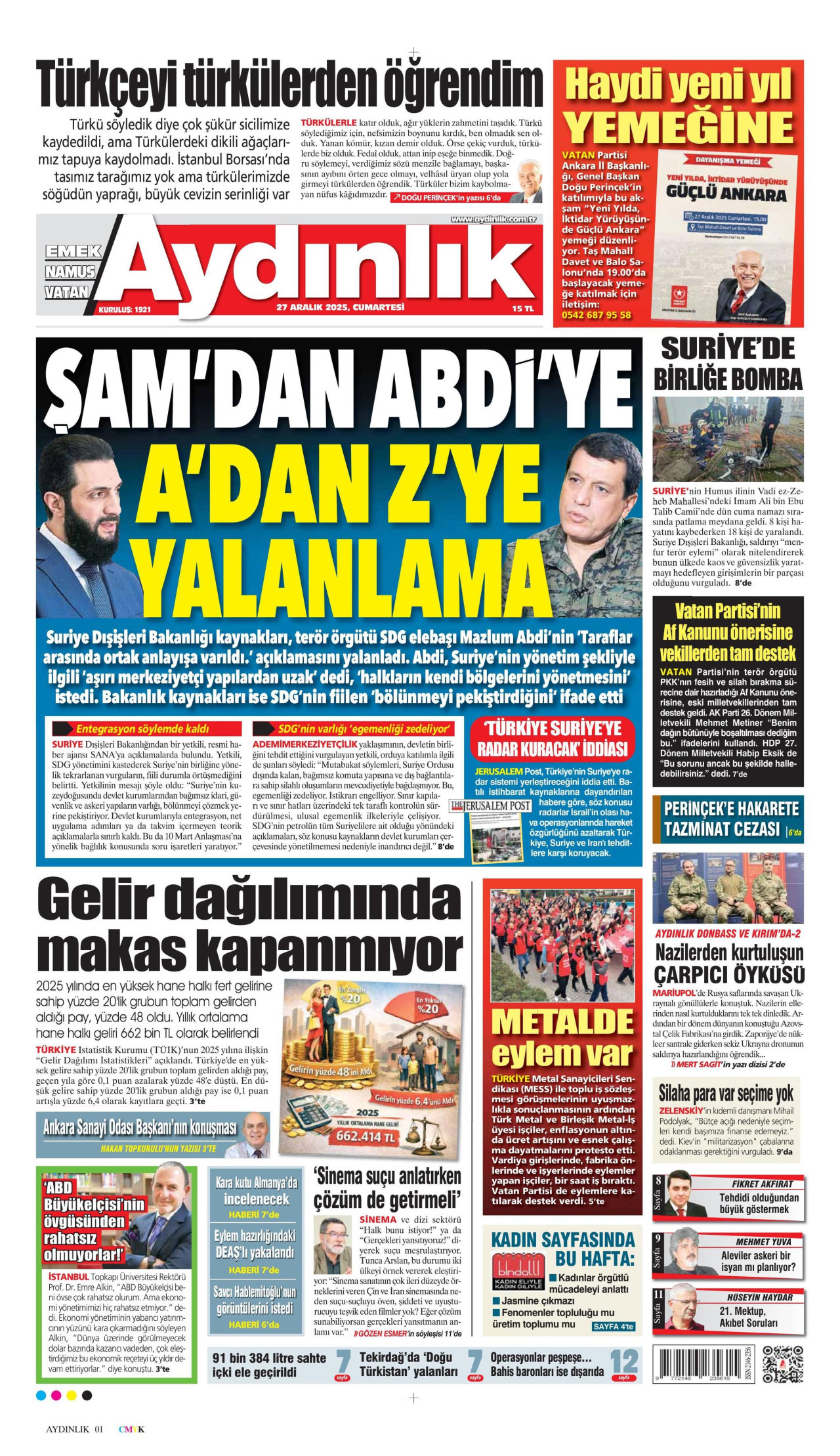 AYDINLIK GAZETESİ gazetesinin 27 Aralık 2025 tarihli birinci sayfası