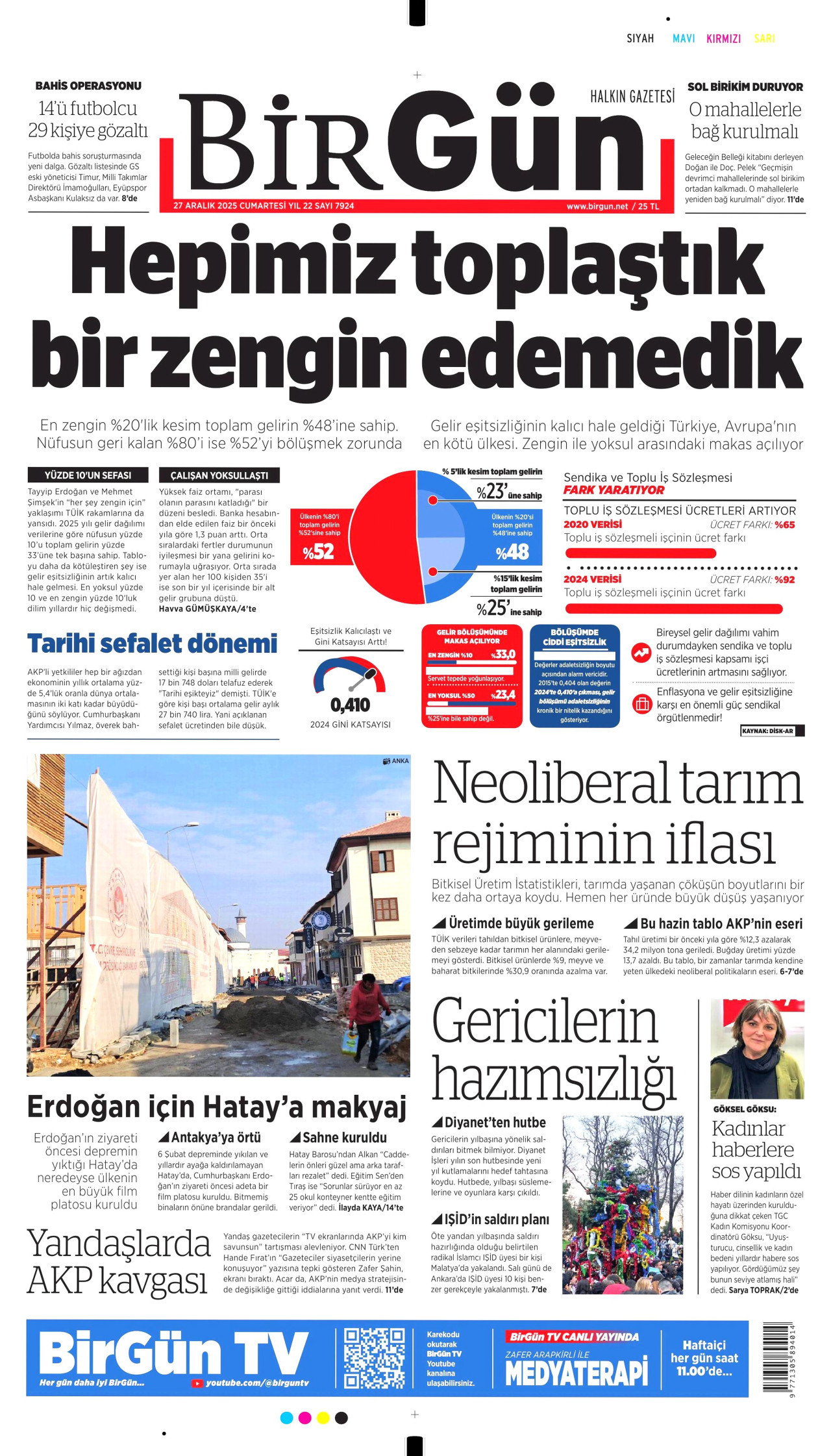 BİRGÜN gazetesinin 27 Aralık 2025 tarihli birinci sayfası