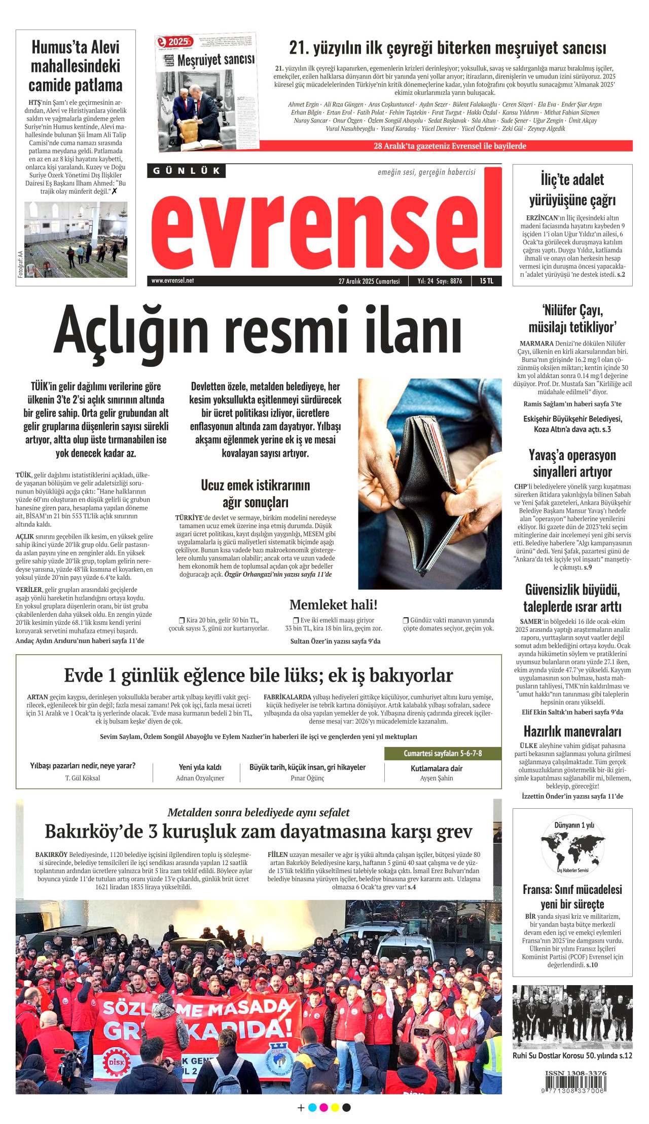 EVRENSEL gazetesinin 27 Aralık 2025 tarihli birinci sayfası