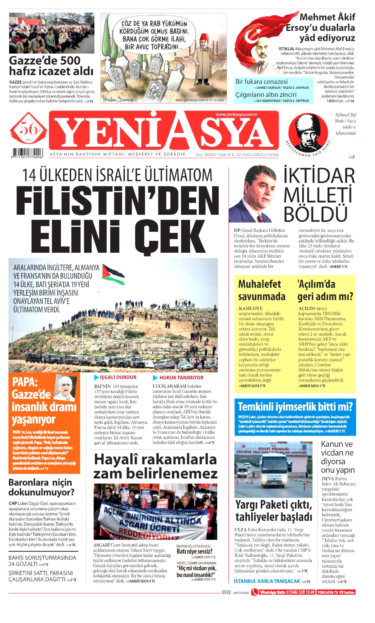 YENİ ASYA gazetesinin 27 Aralık 2025 tarihli birinci sayfası