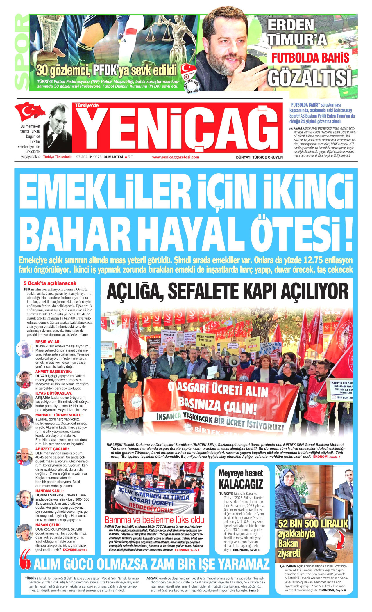 YENİÇAĞ gazetesinin 27 Aralık 2025 tarihli birinci sayfası