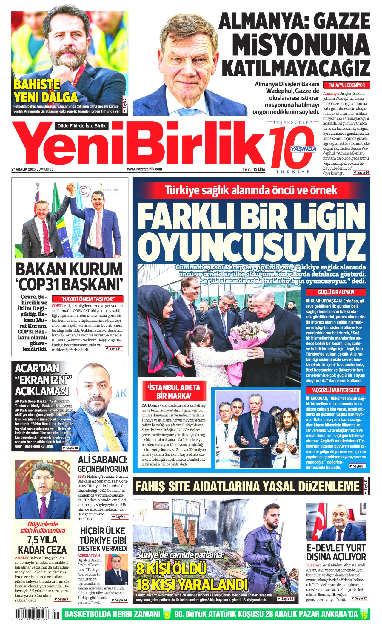 YENİBİRLİK gazetesinin 27 Aralık 2025 tarihli birinci sayfası