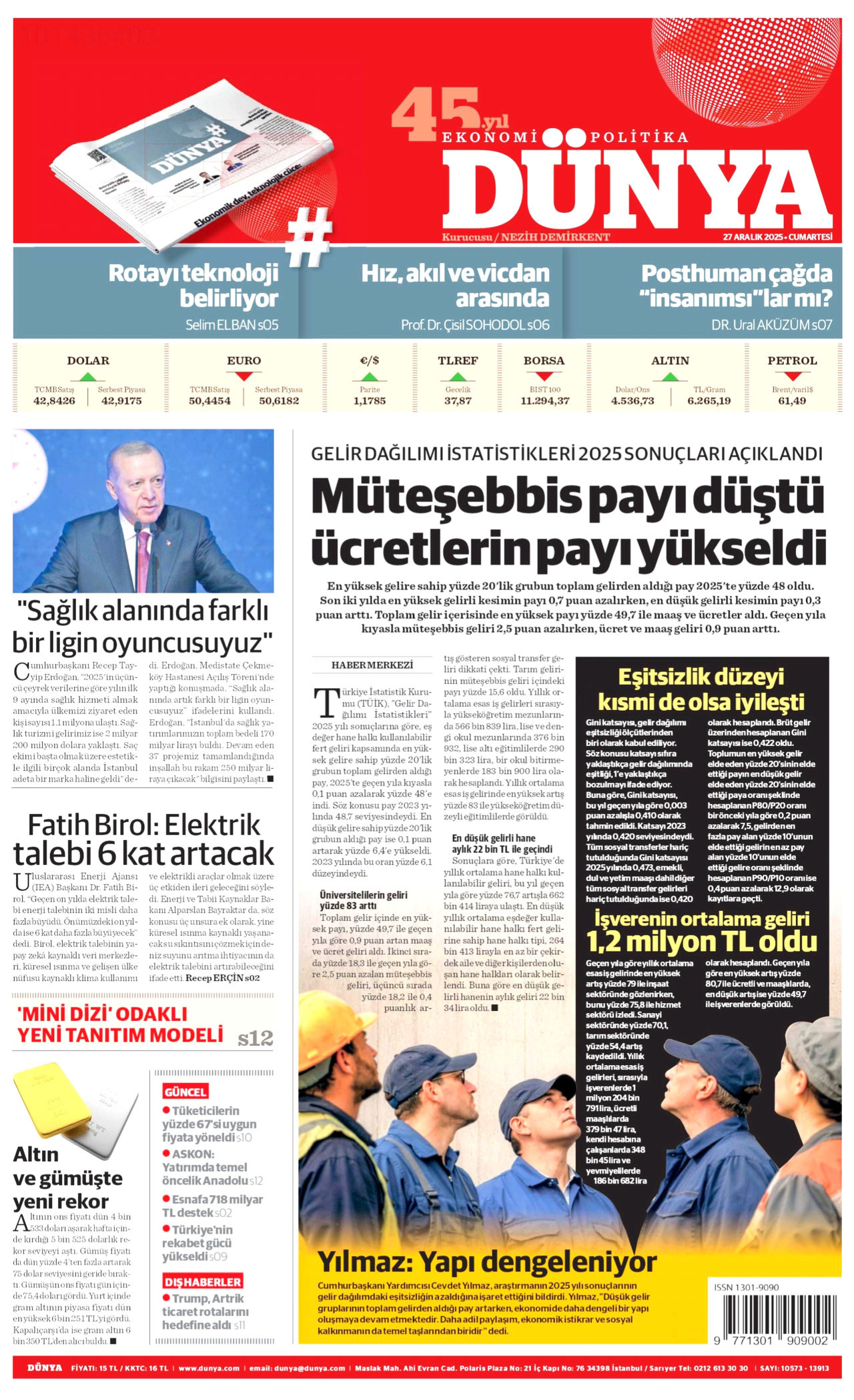 DÜNYA gazetesinin 27 Aralık 2025 tarihli birinci sayfası