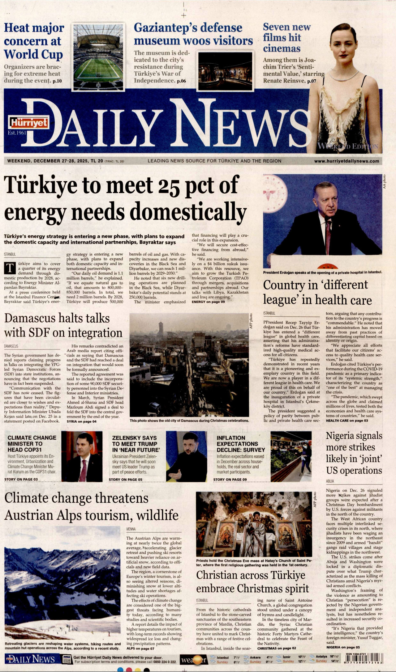 HÜRRİYET DAİLY NEWS gazetesinin 27 Aralık 2025 tarihli birinci sayfası