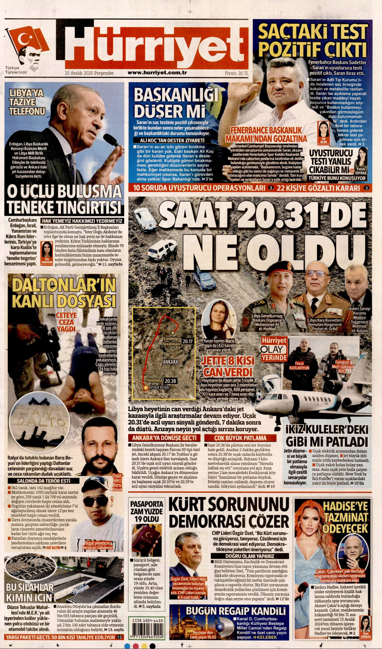 HÜRRİYET gazetesinin 25 Aralık 2025 tarihli birinci sayfası