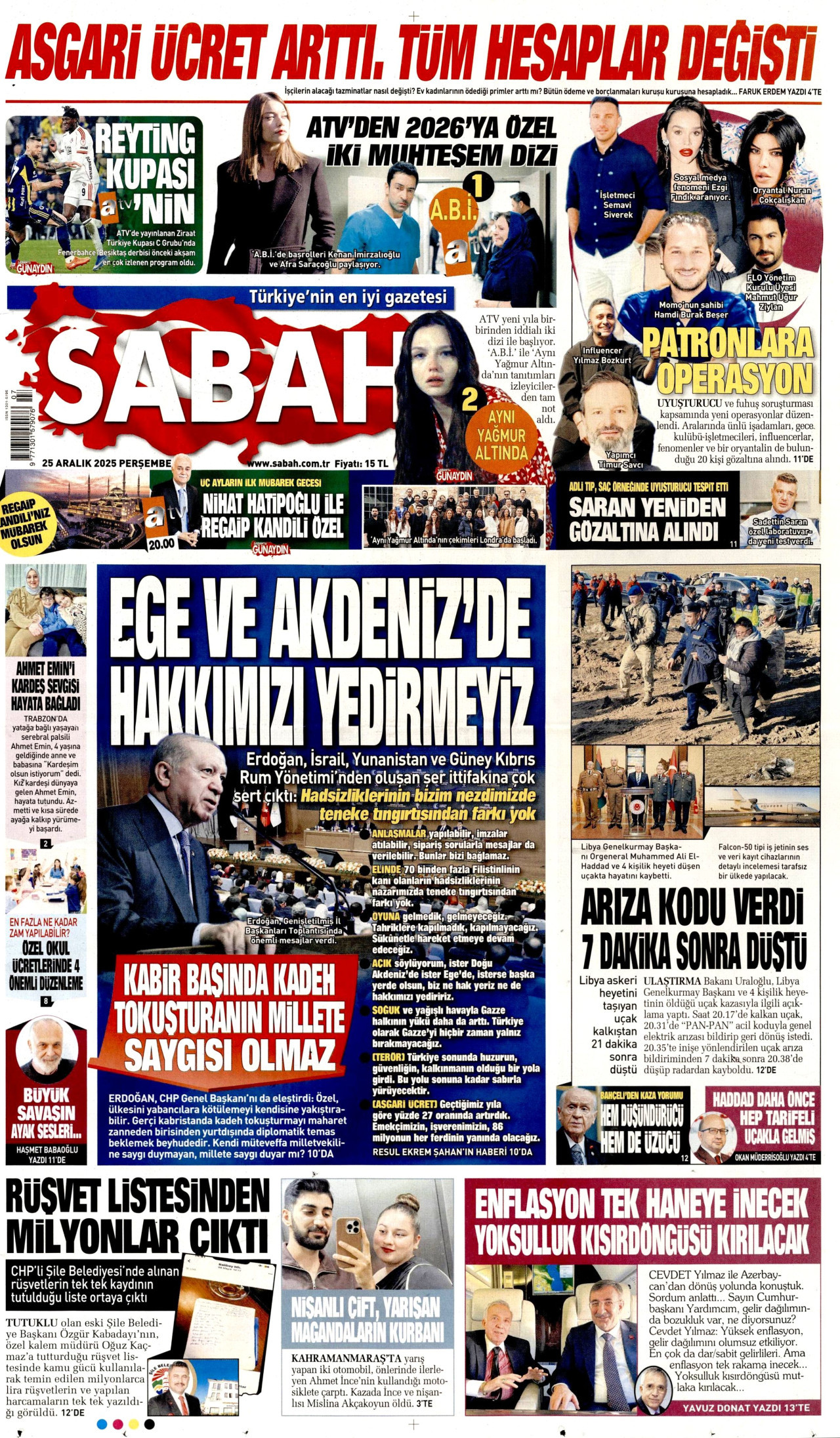 SABAH gazetesinin 25 Aralık 2025 tarihli birinci sayfası