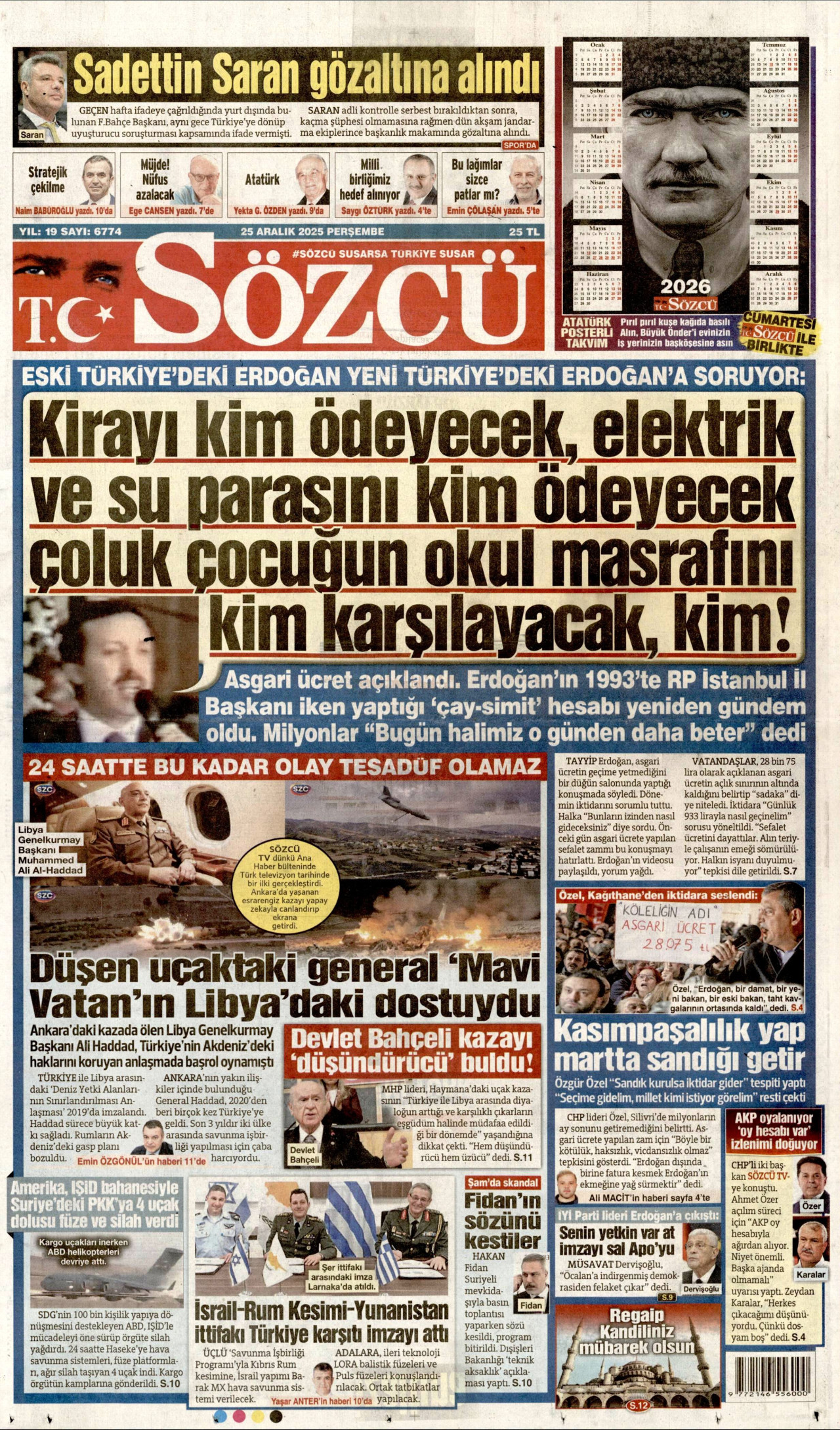 SÖZCÜ gazetesinin 25 Aralık 2025 tarihli birinci sayfası