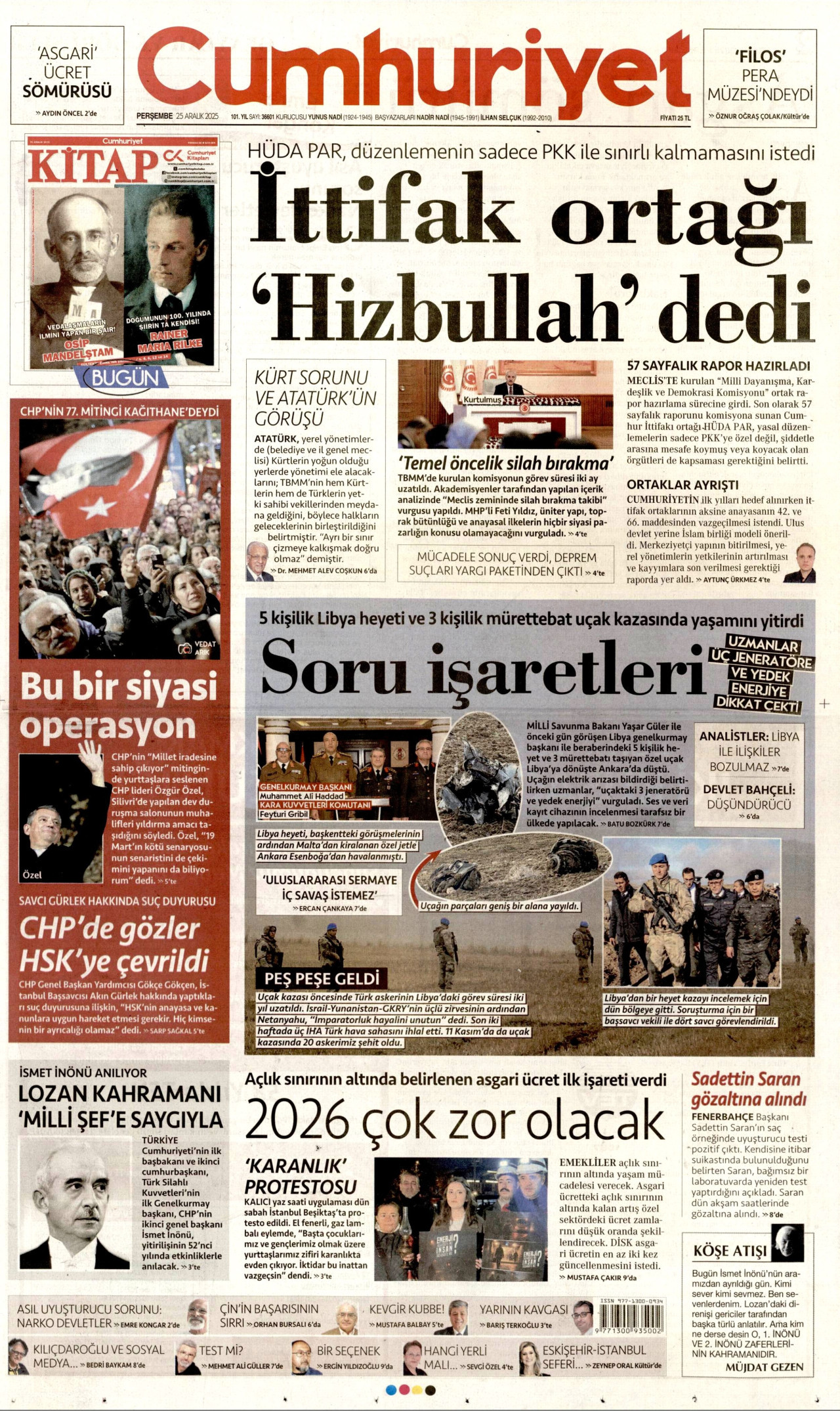 CUMHURİYET gazetesinin 25 Aralık 2025 tarihli birinci sayfası