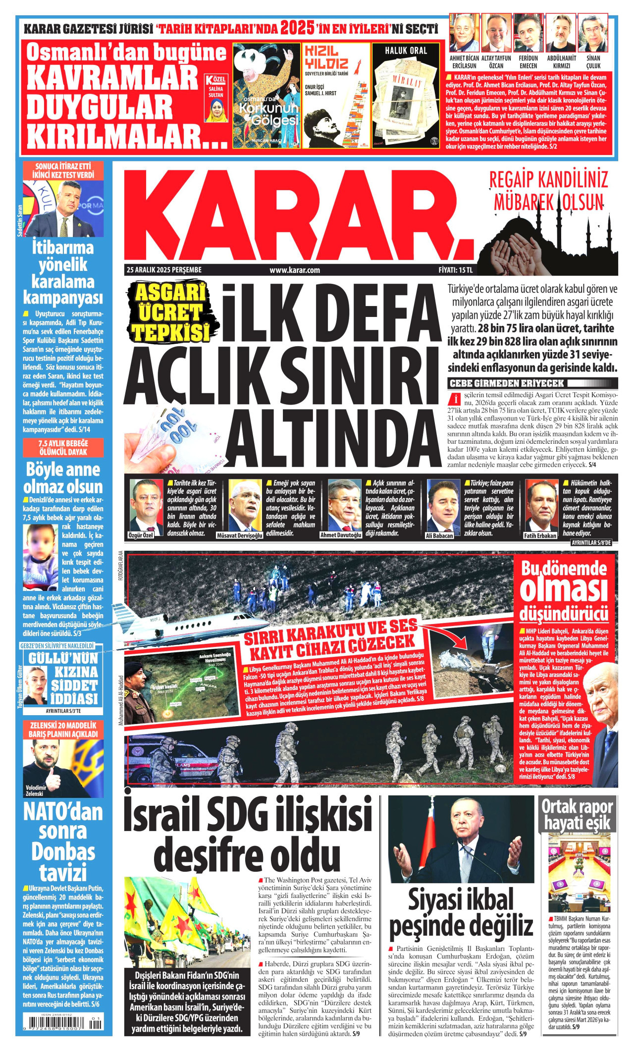 KARAR gazetesinin 25 Aralık 2025 tarihli birinci sayfası