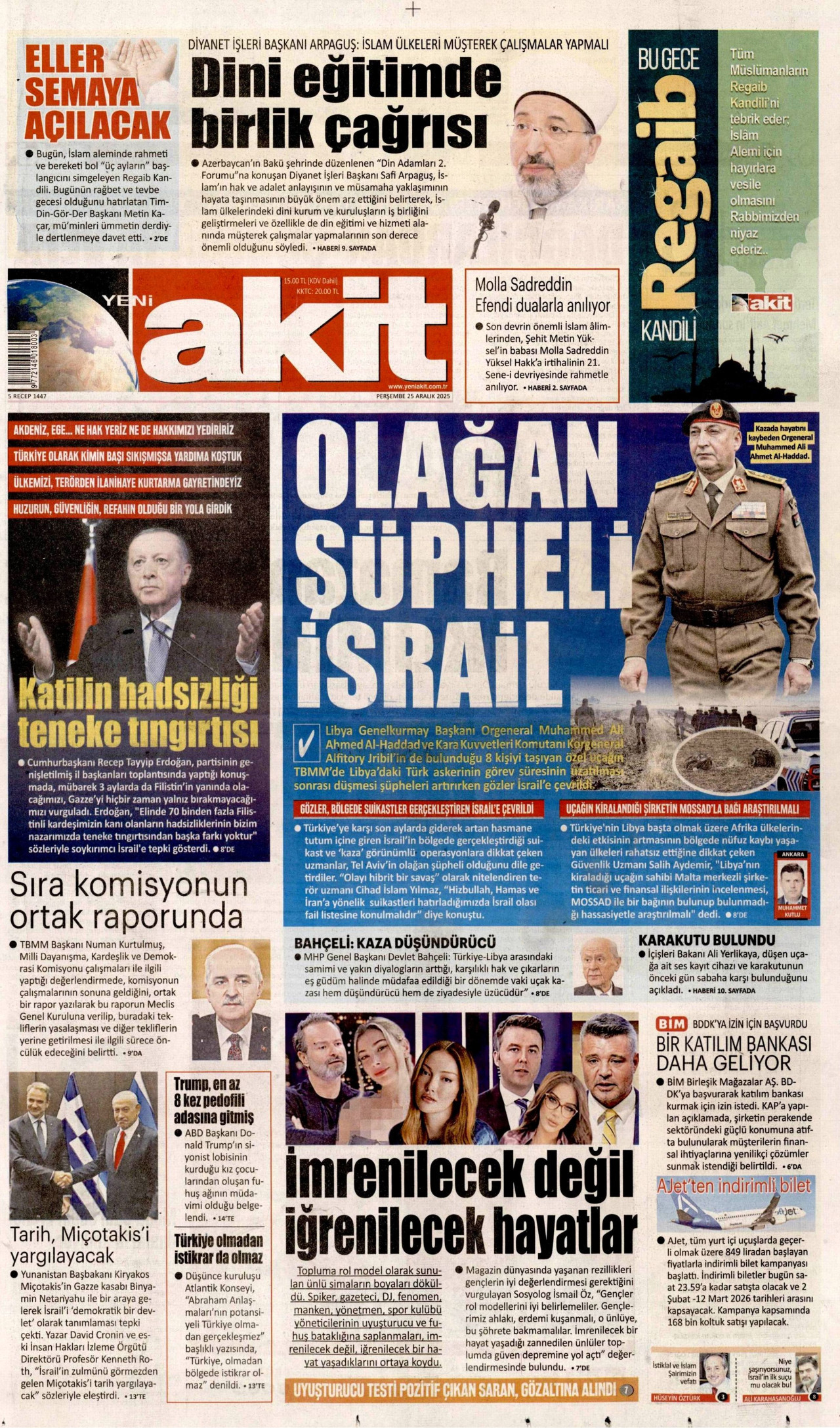 YENİ AKİT gazetesinin 25 Aralık 2025 tarihli birinci sayfası