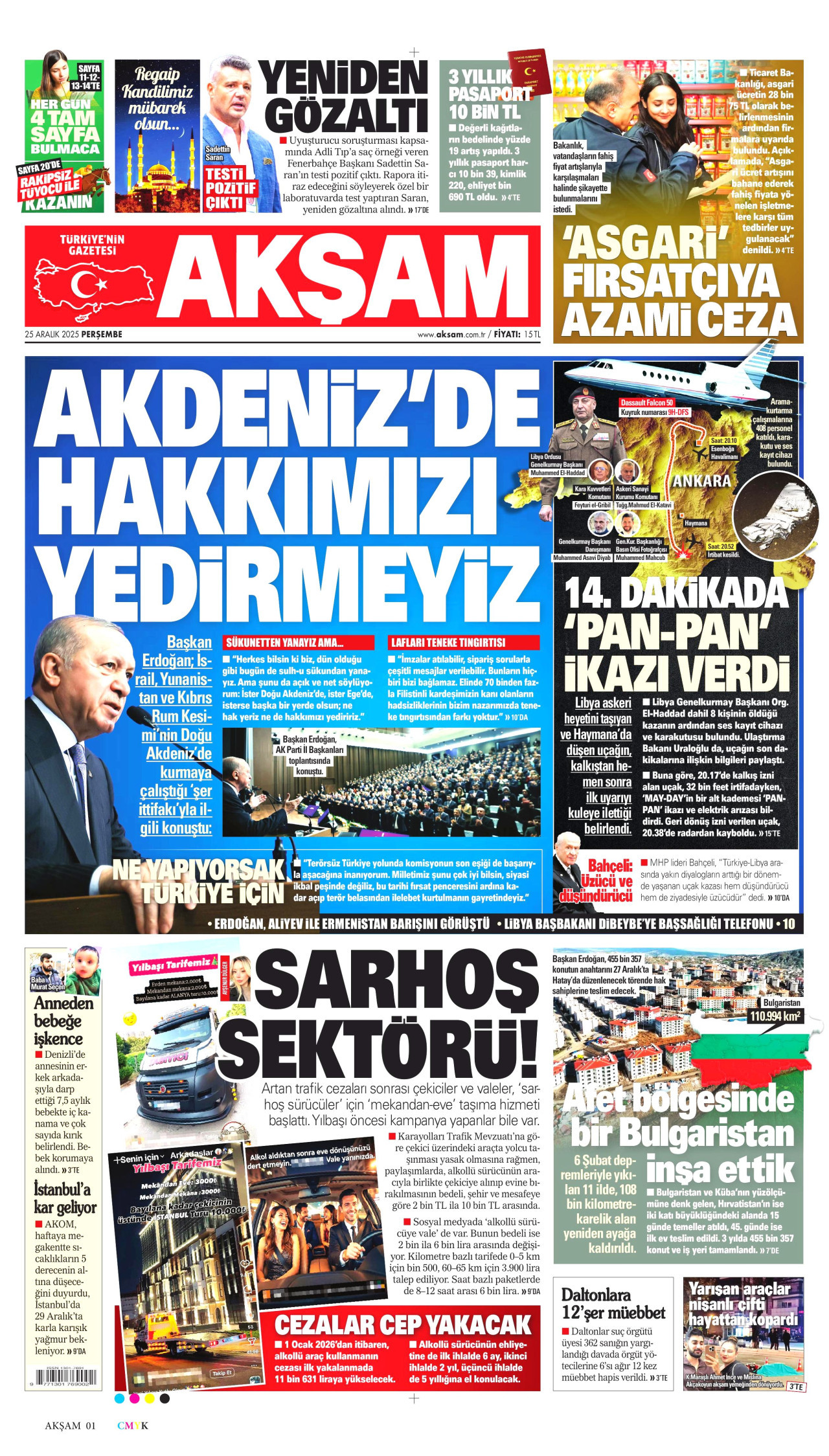 AKŞAM gazetesinin 25 Aralık 2025 tarihli birinci sayfası