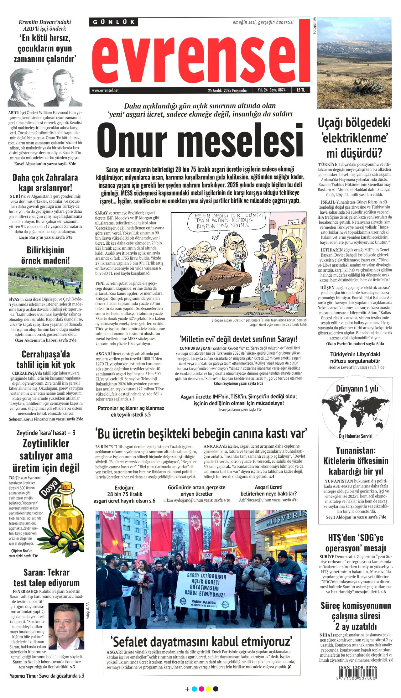 EVRENSEL gazetesinin 25 Aralık 2025 tarihli birinci sayfası