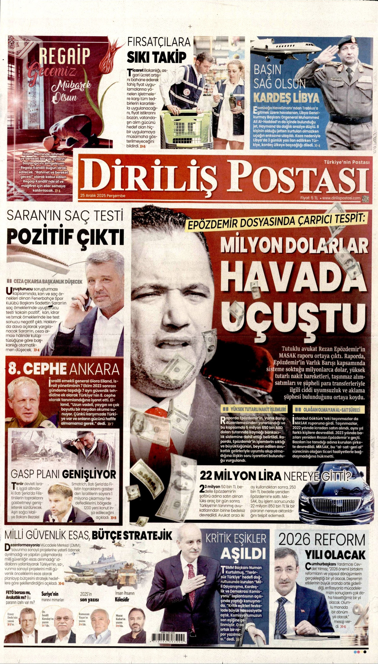 DİRİLİŞ POSTASI gazetesinin 25 Aralık 2025 tarihli birinci sayfası