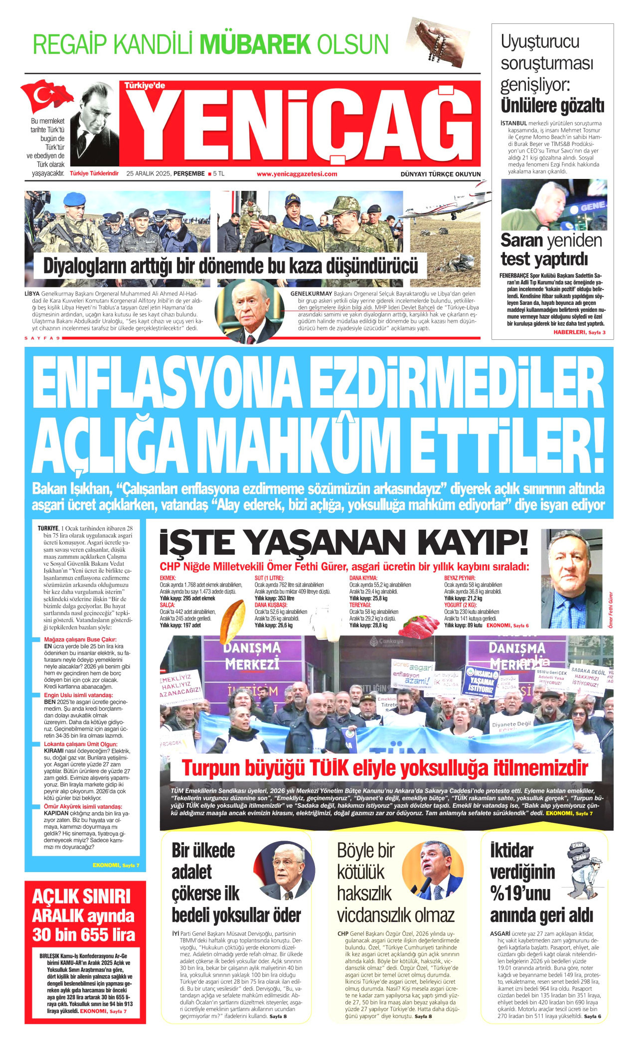 YENİÇAĞ gazetesinin 25 Aralık 2025 tarihli birinci sayfası