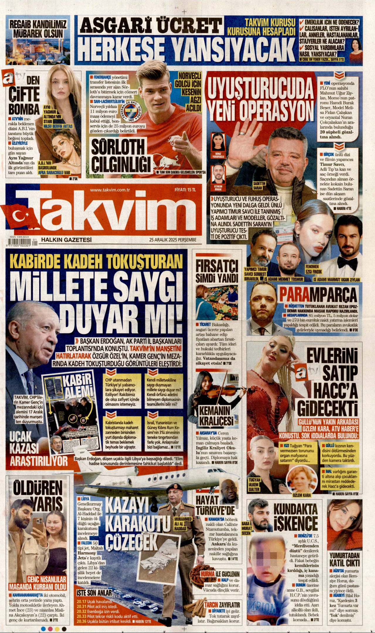 TAKVİM gazetesinin 25 Aralık 2025 tarihli birinci sayfası