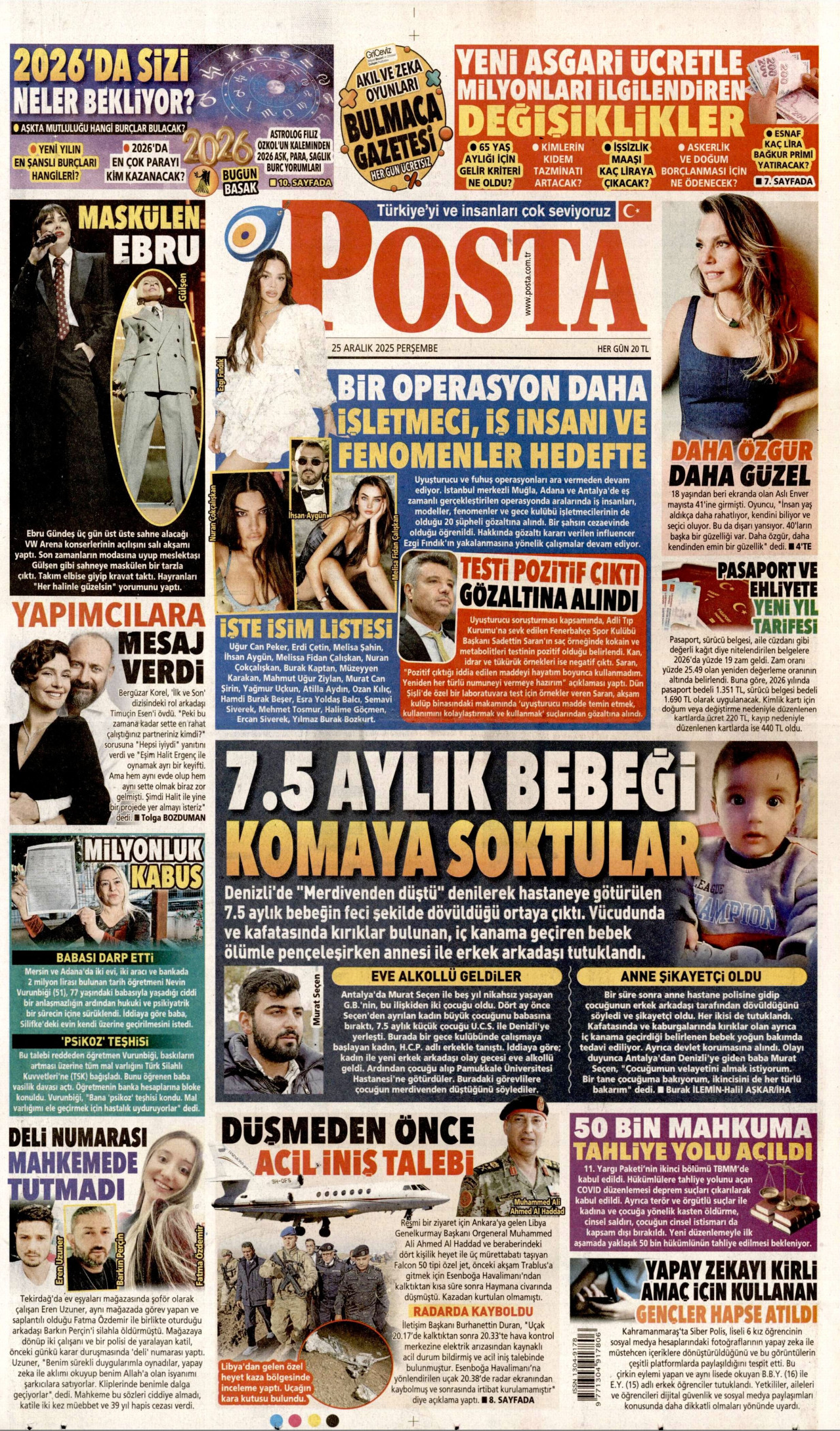 POSTA gazetesinin 25 Aralık 2025 tarihli birinci sayfası