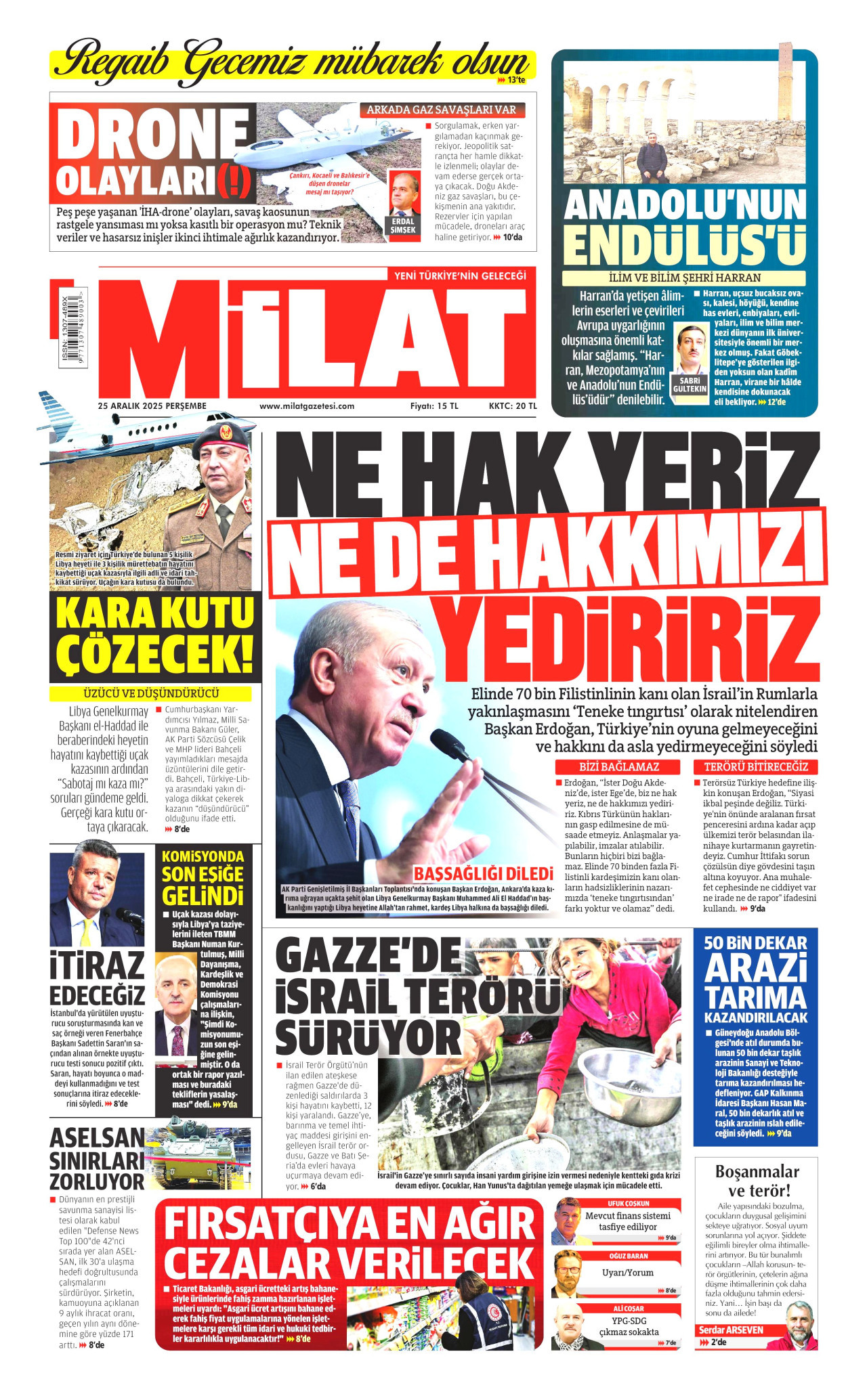 MİLAT gazetesinin 25 Aralık 2025 tarihli birinci sayfası