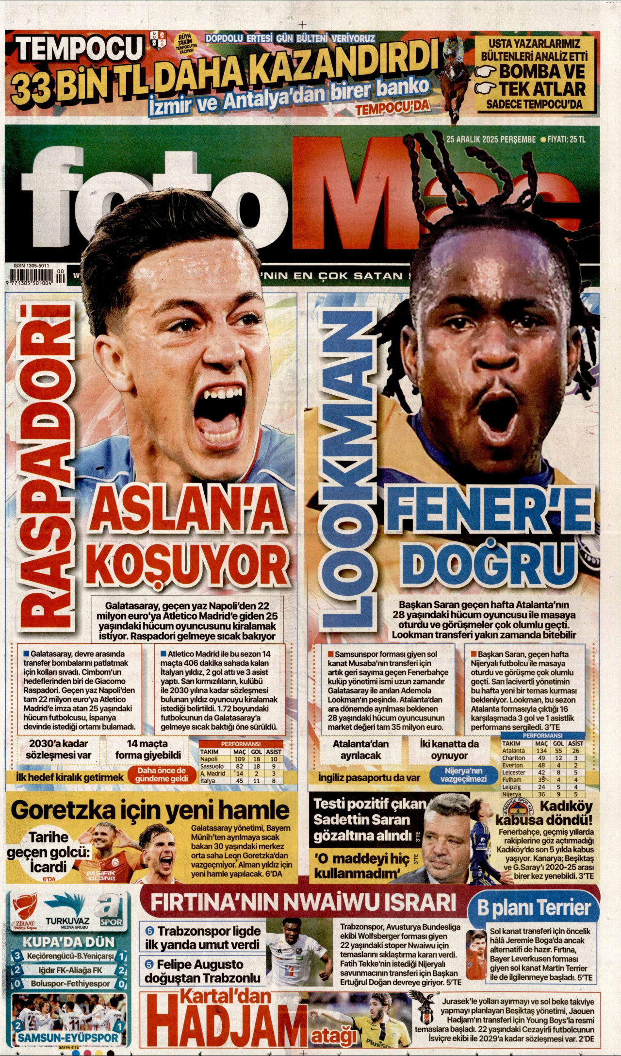FOTOMAÇ gazetesinin 25 Aralık 2025 tarihli birinci sayfası
