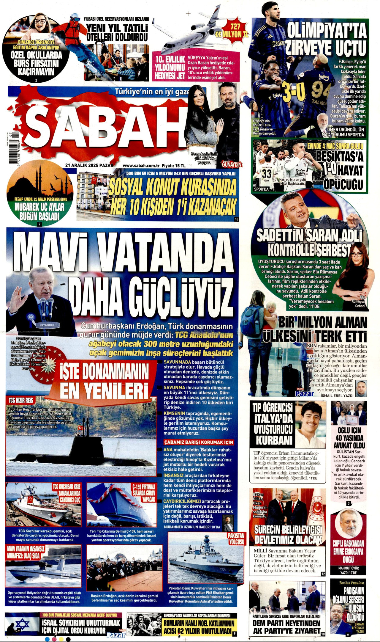 SABAH gazetesinin 21 Aralık 2025 tarihli birinci sayfası