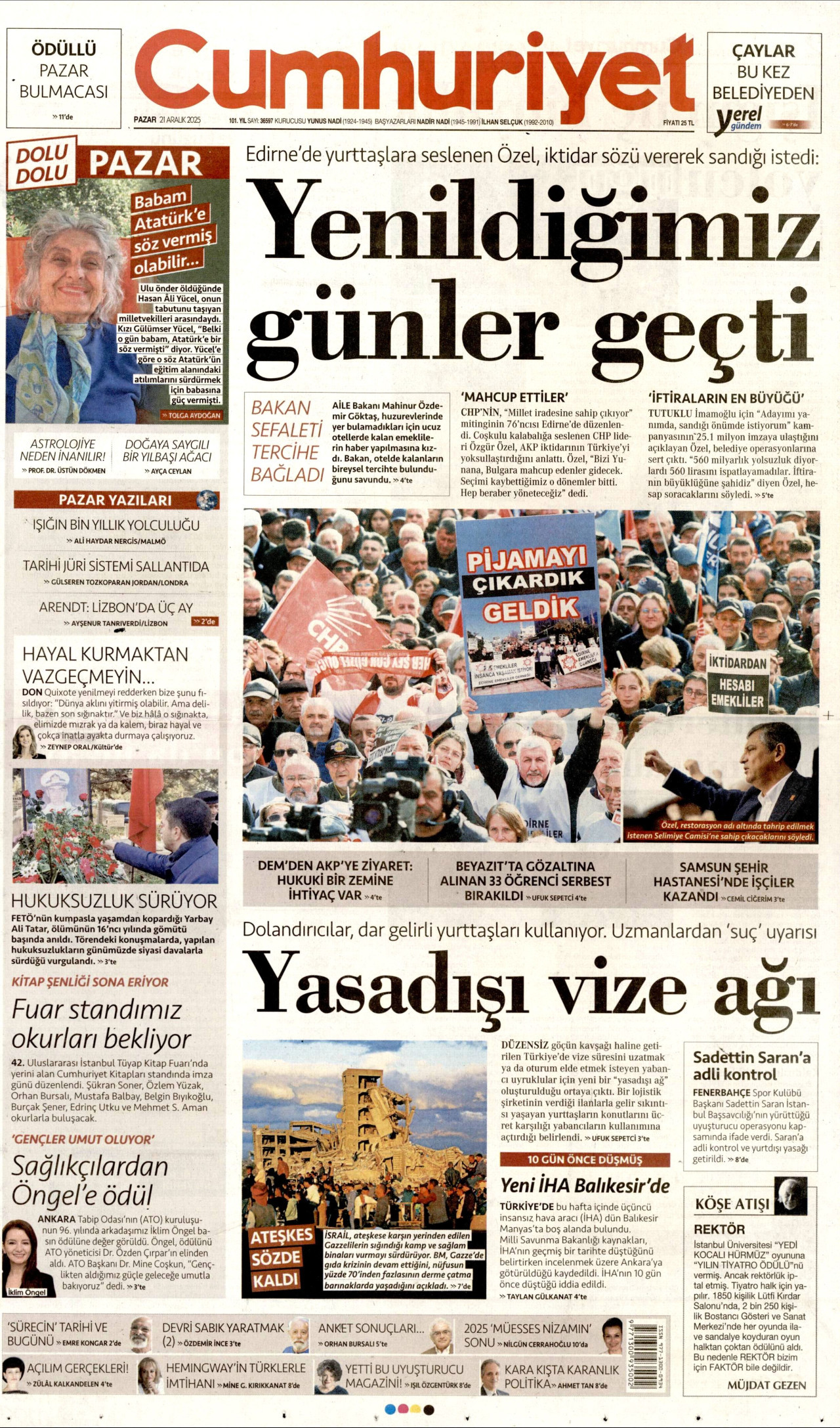 CUMHURİYET gazetesinin 21 Aralık 2025 tarihli birinci sayfası