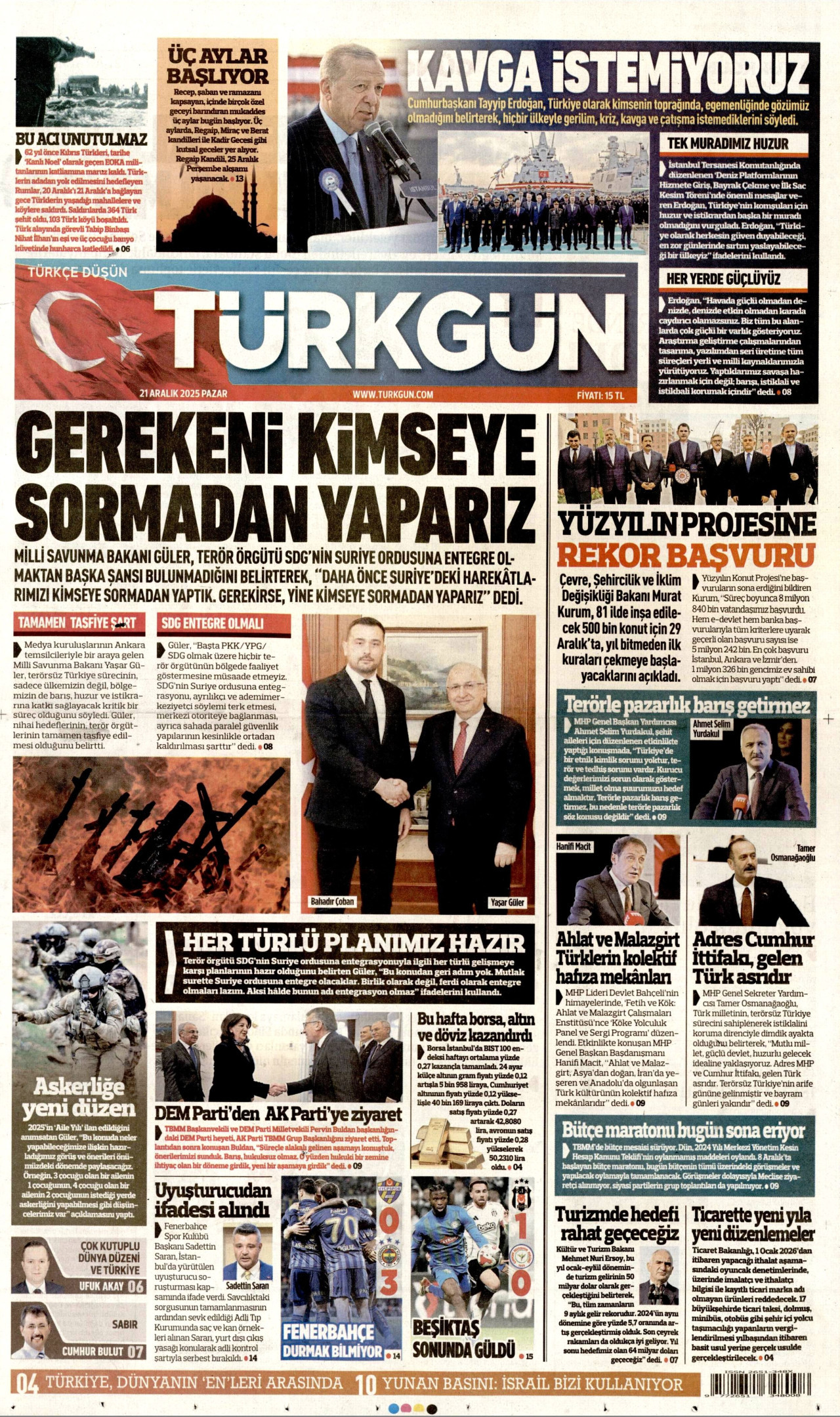 TÜRKGÜN gazetesinin 21 Aralık 2025 tarihli birinci sayfası