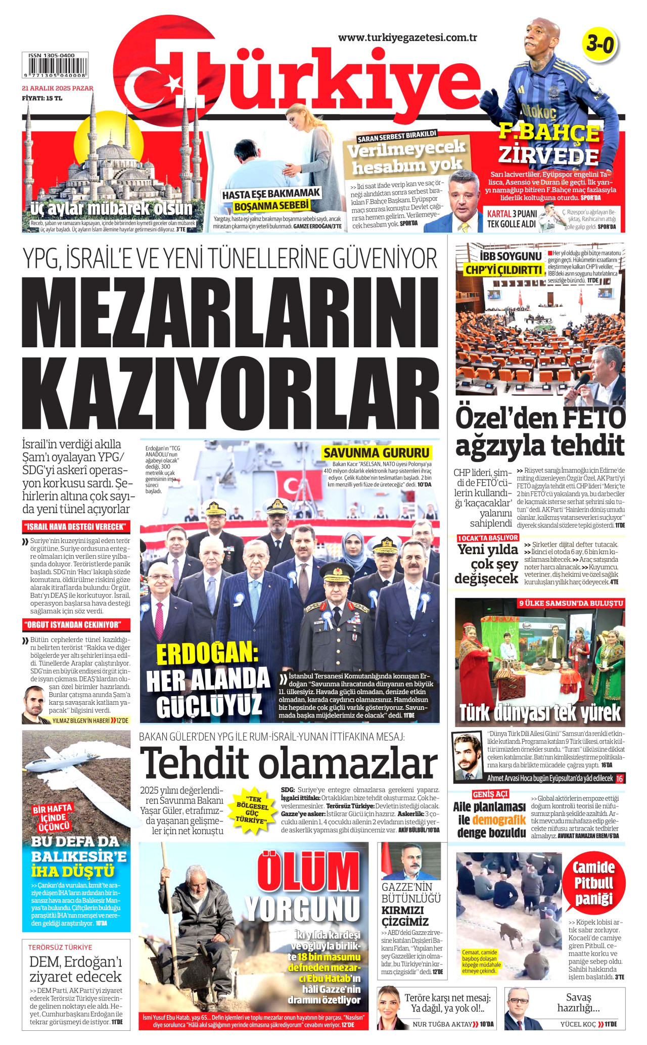 TÜRKİYE GAZETESİ gazetesinin 21 Aralık 2025 tarihli birinci sayfası