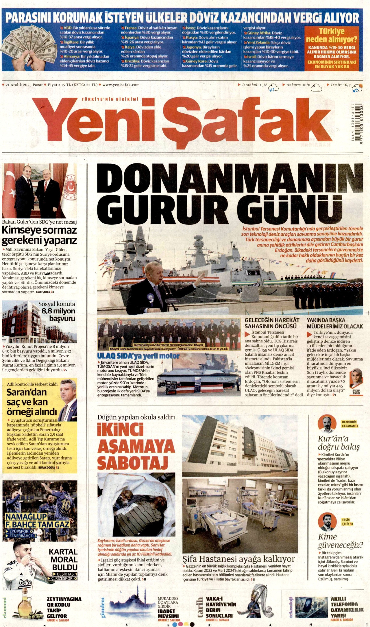 YENİ ŞAFAK gazetesinin 21 Aralık 2025 tarihli birinci sayfası