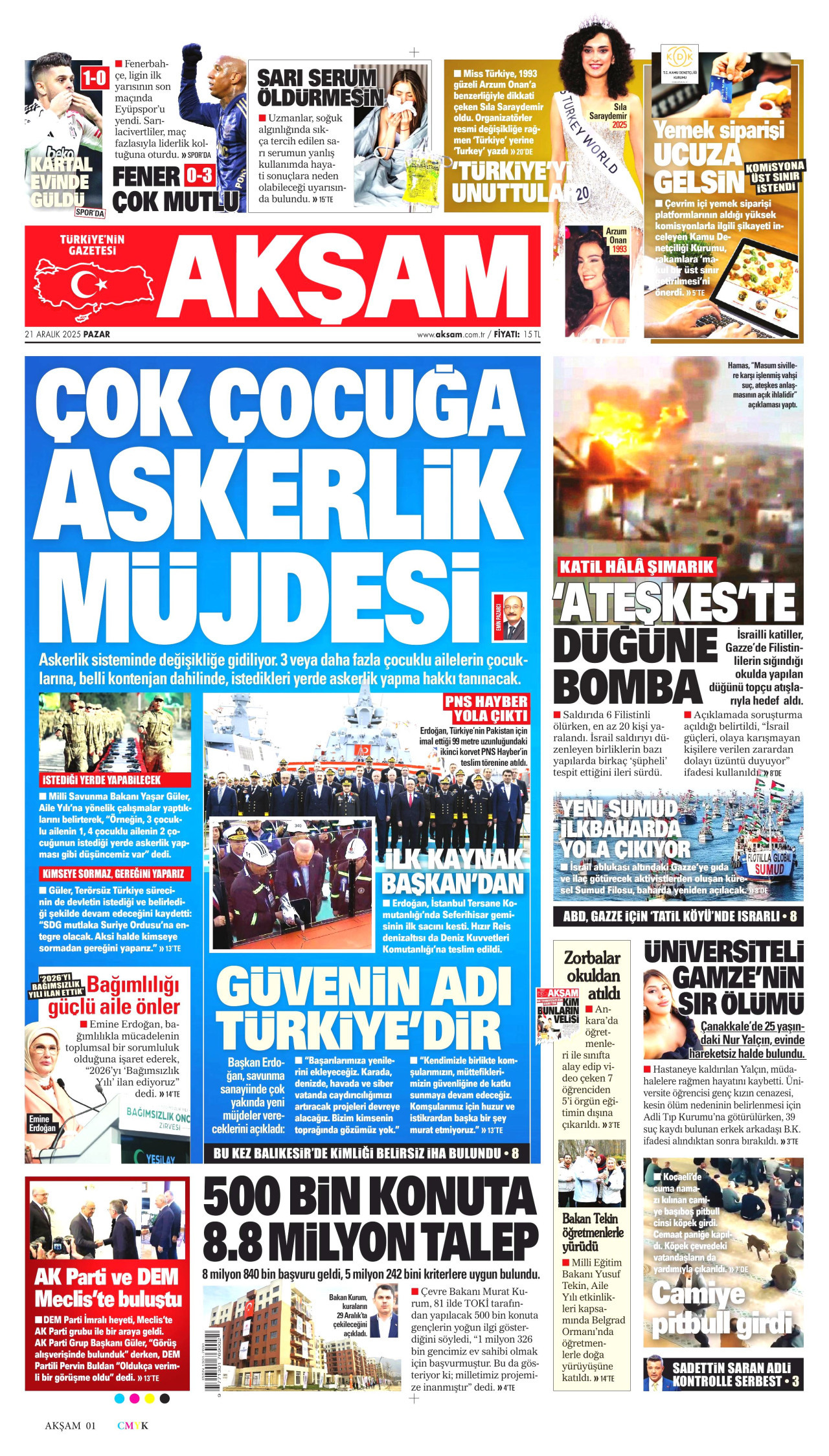 AKŞAM gazetesinin 21 Aralık 2025 tarihli birinci sayfası