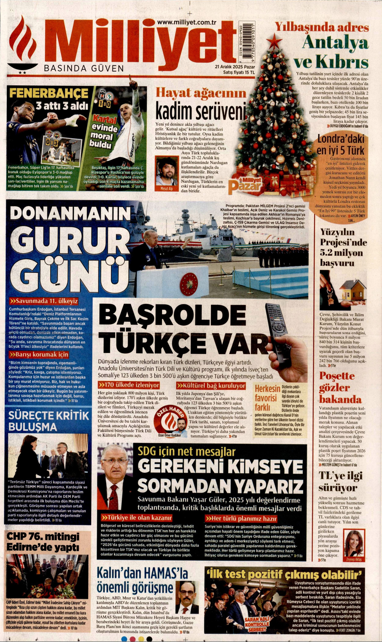 MİLLİYET gazetesinin 21 Aralık 2025 tarihli birinci sayfası