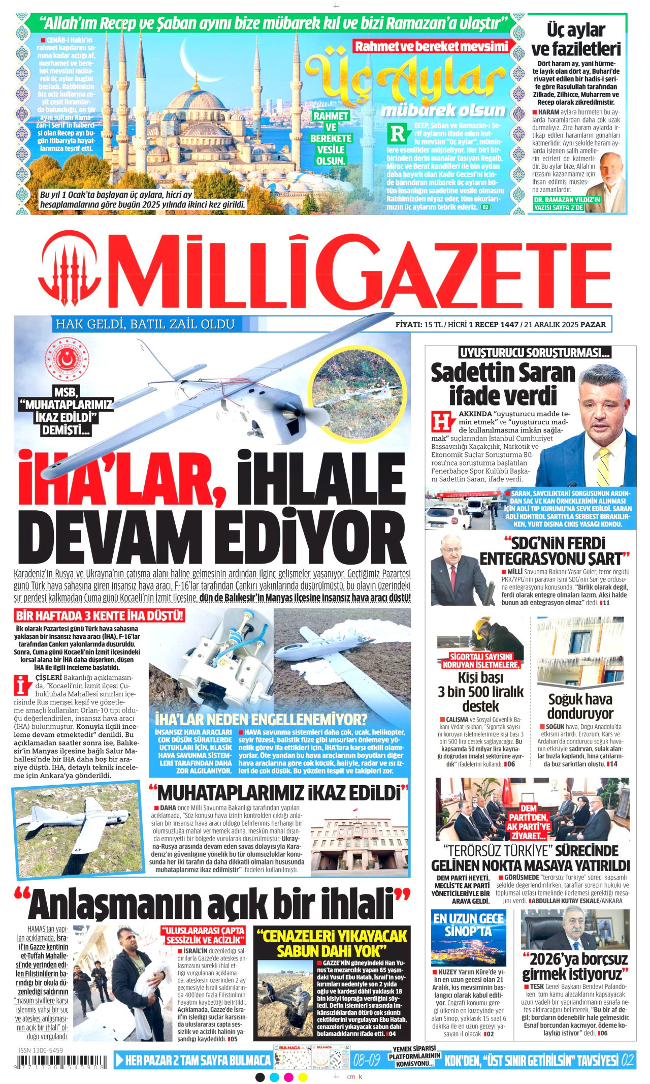 MİLLİ GAZETE gazetesinin 21 Aralık 2025 tarihli birinci sayfası
