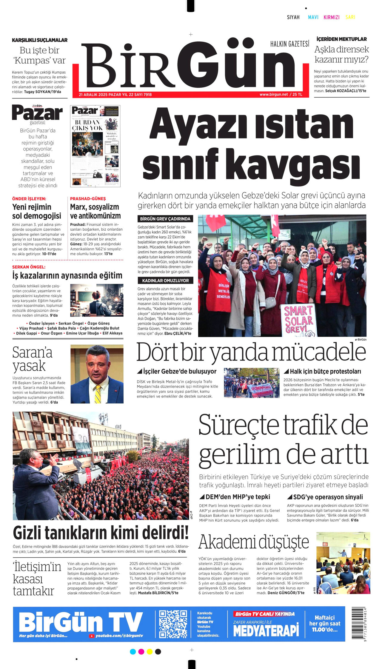 BİRGÜN gazetesinin 21 Aralık 2025 tarihli birinci sayfası