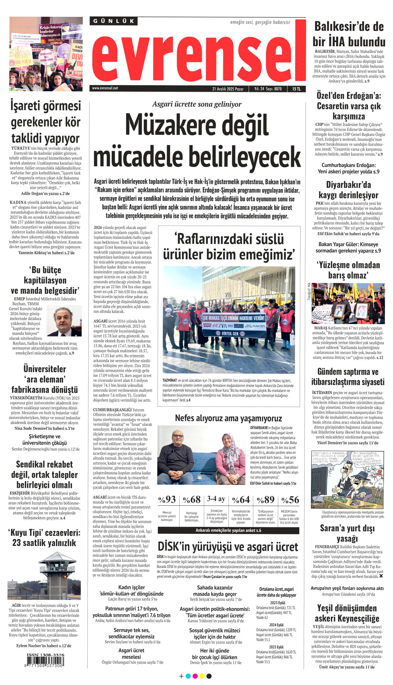 EVRENSEL gazetesinin 21 Aralık 2025 tarihli birinci sayfası