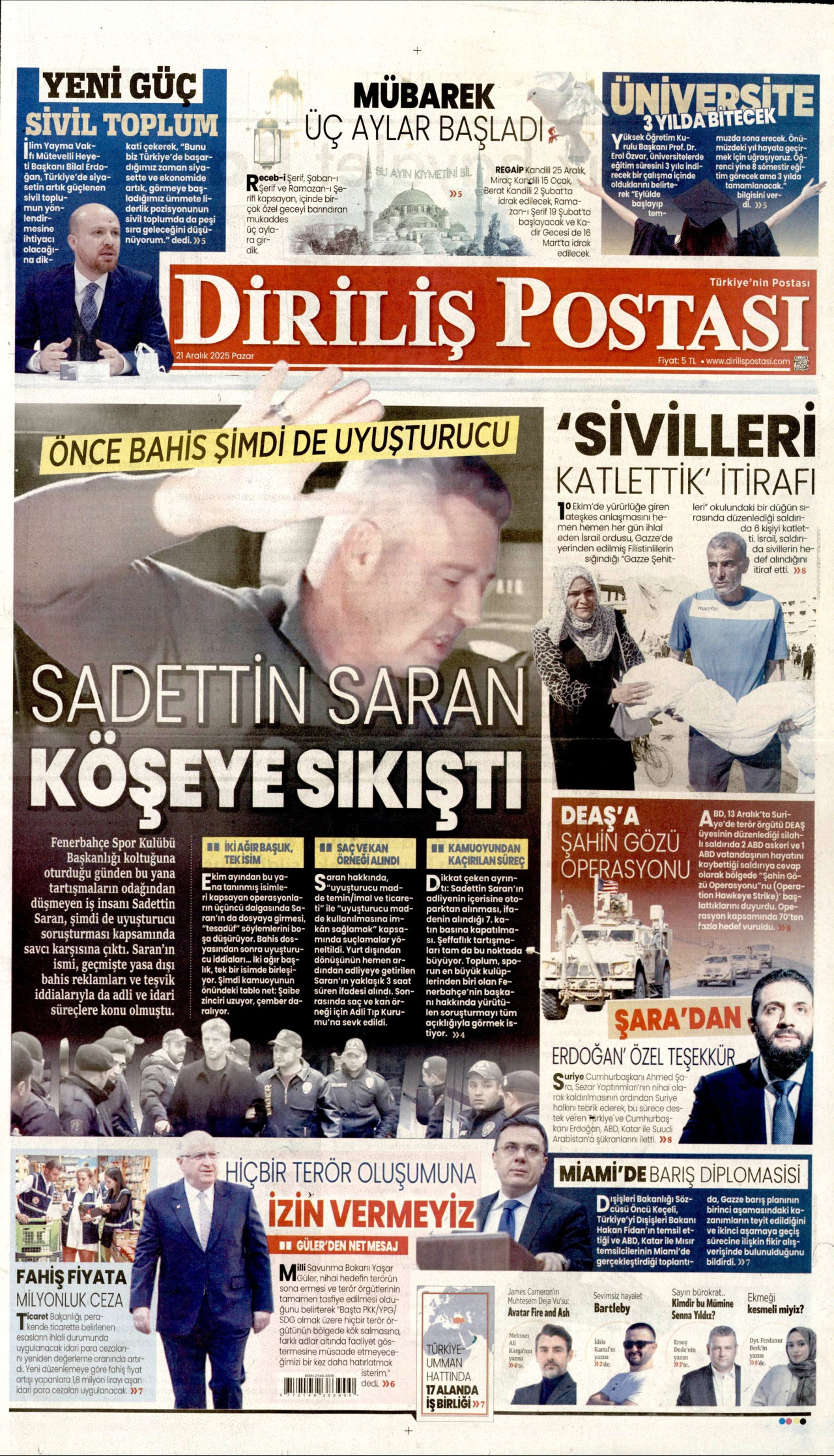 DİRİLİŞ POSTASI gazetesinin 21 Aralık 2025 tarihli birinci sayfası