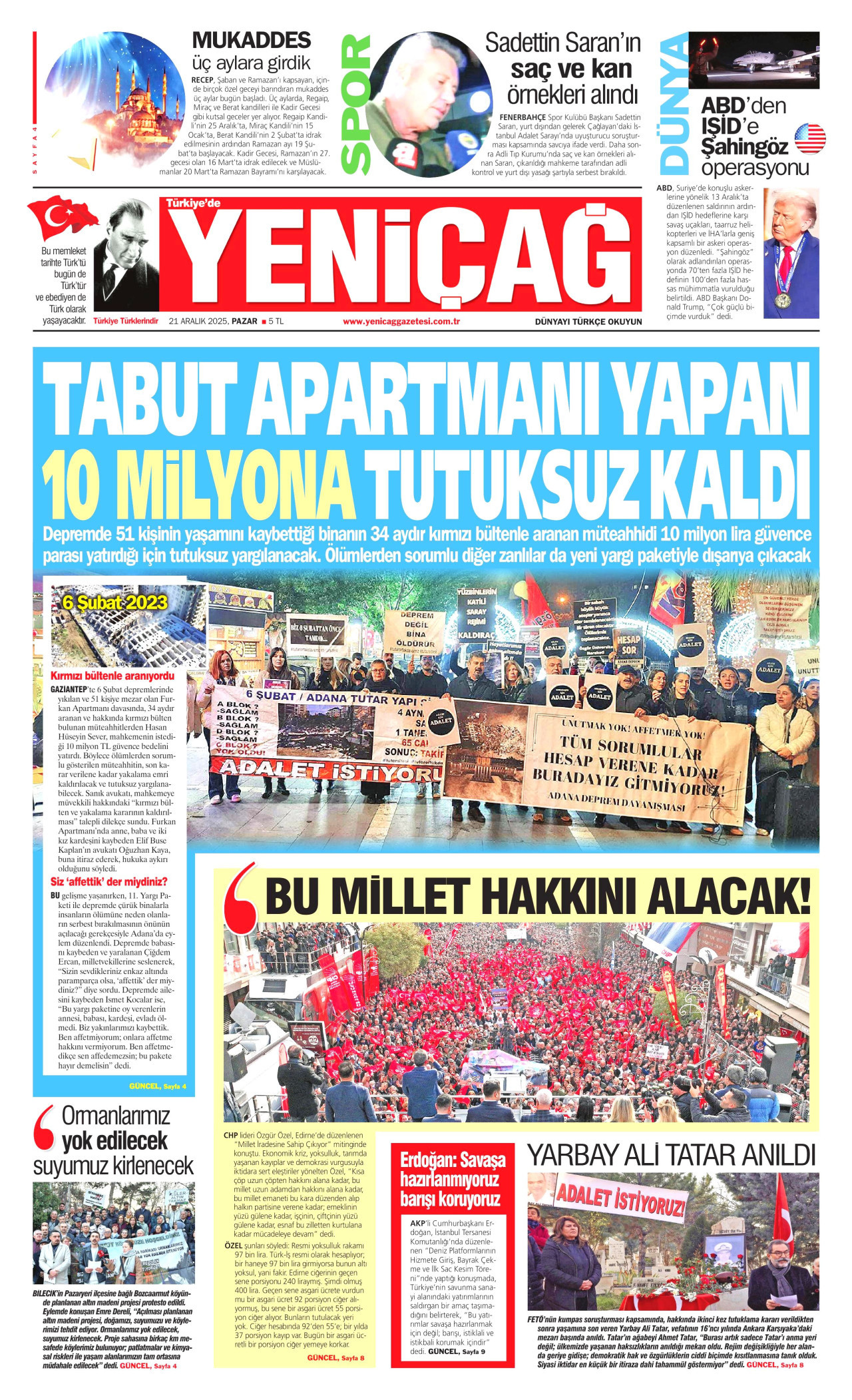 YENİÇAĞ gazetesinin 21 Aralık 2025 tarihli birinci sayfası