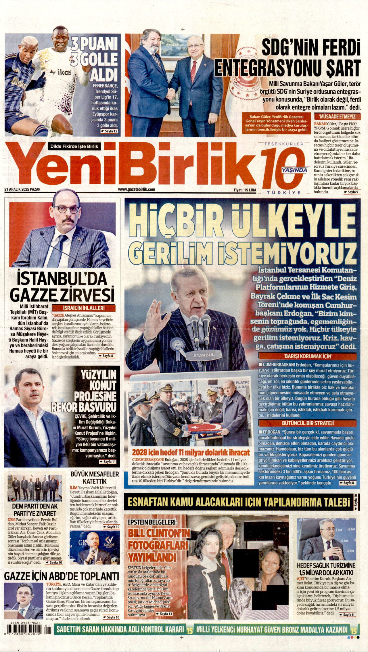 YENİBİRLİK gazetesinin 21 Aralık 2025 tarihli birinci sayfası