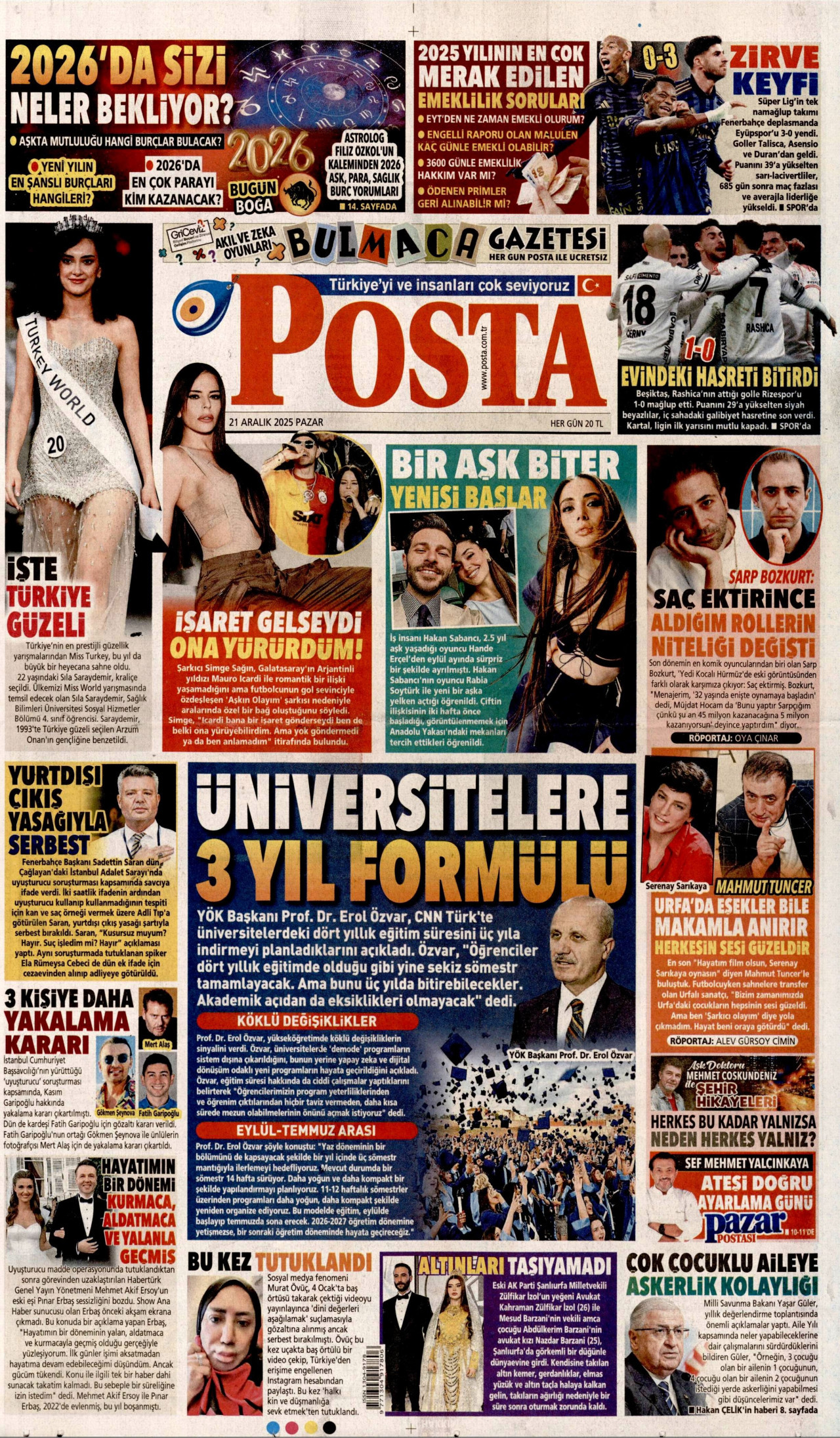 POSTA gazetesinin 21 Aralık 2025 tarihli birinci sayfası